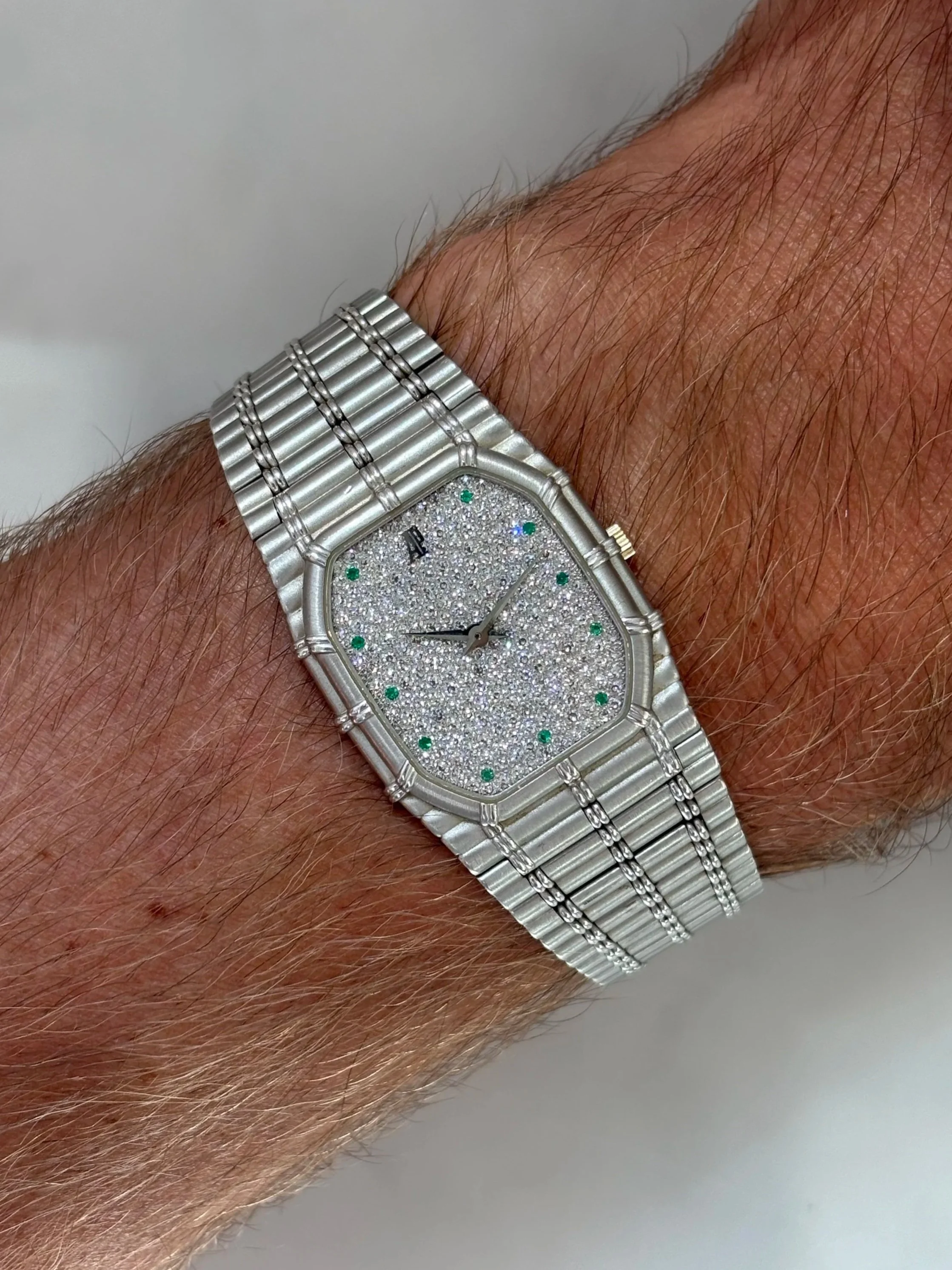 Audemars Piguet Bamboo White Gold Pavé Diamond Dials & Emerald Indexes ref. 14376 BC w/ Original Papers