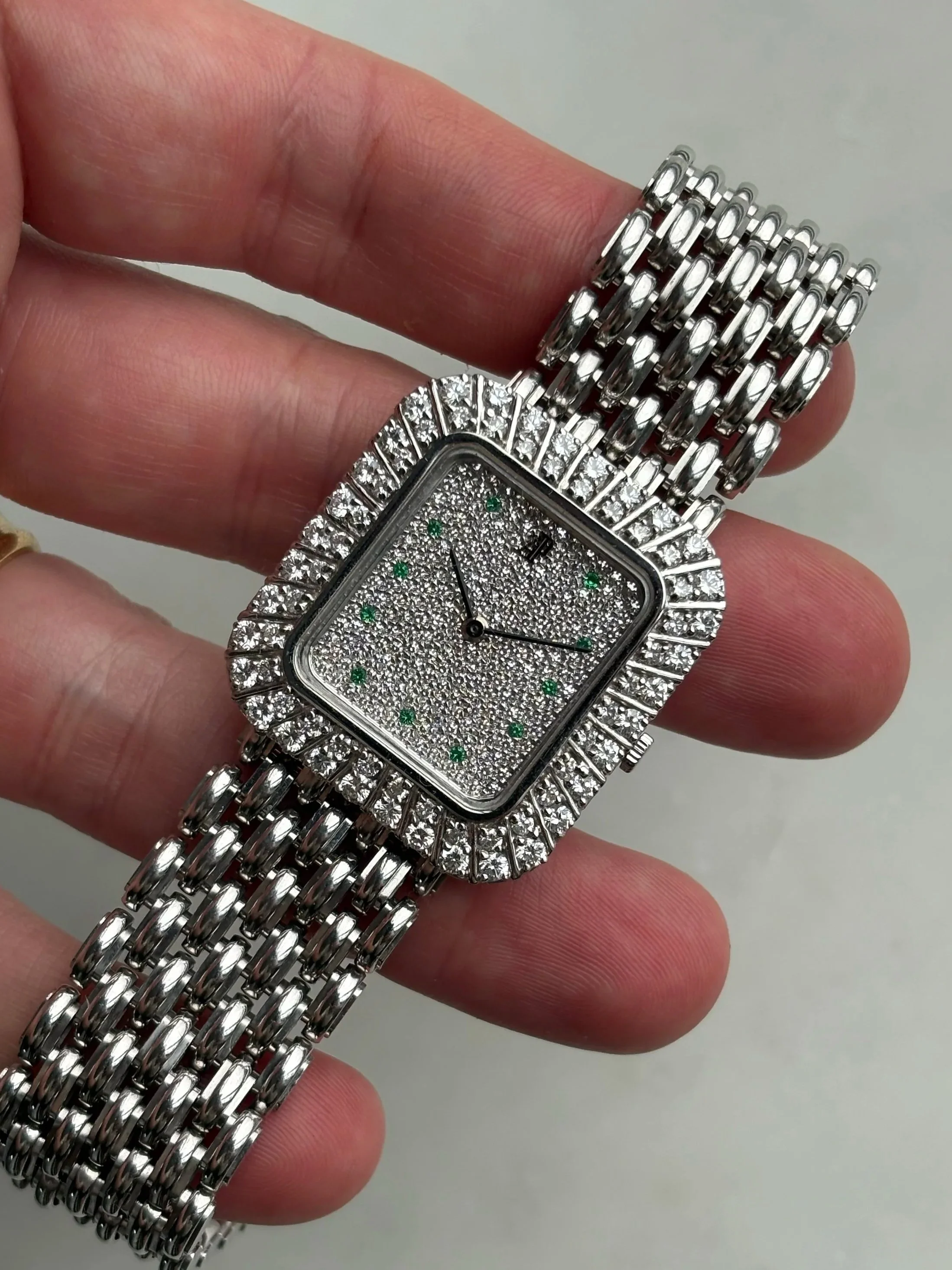 Audemars Piguet White Gold Heavy Beaded Bracelet, Pave Diamond Dial, Emerald Indexes & Double Row 2.4ct Diamond Bezel ref. 14712 BC