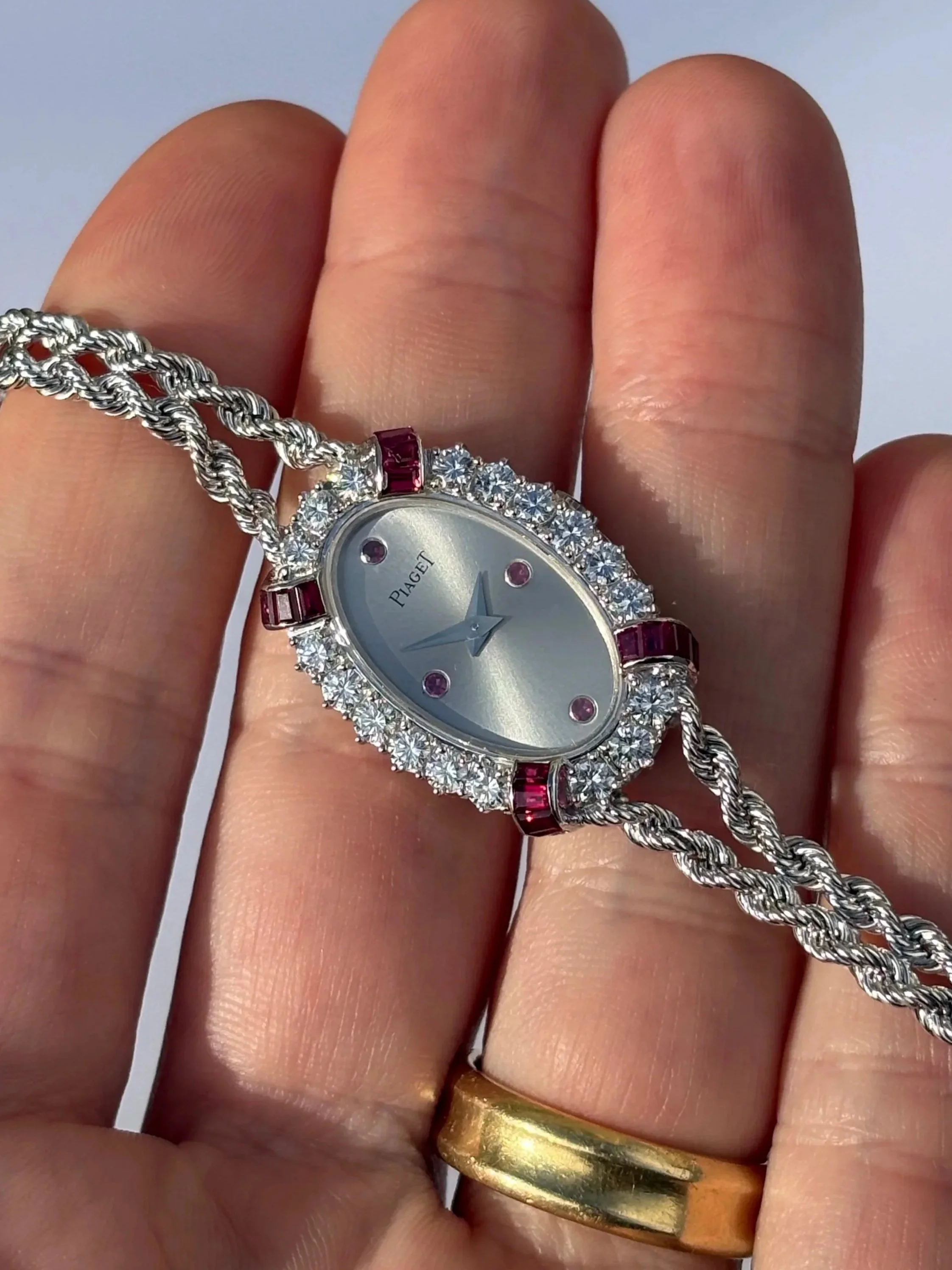 Piaget White Gold Rope Bracelet Cocktail Watch 1.5ct Diamond Bezel, Ruby Set Arches & Indexes ref. 4371 E21 w/ Original Papers