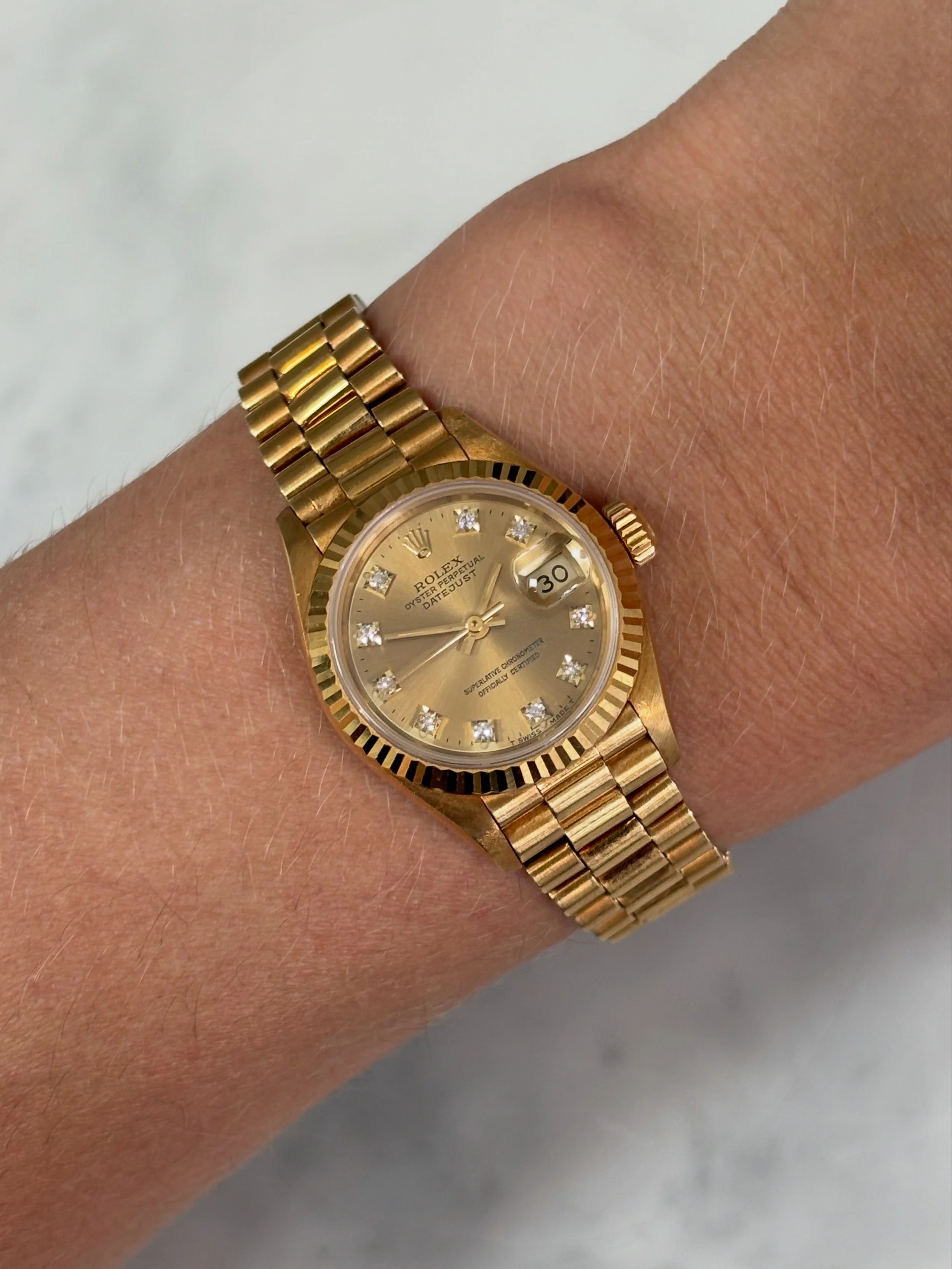 Rolex Datejust 26mm Yellow Gold Champagne Dial & Diamond Indexes ref. 69178 w/ Original Papers