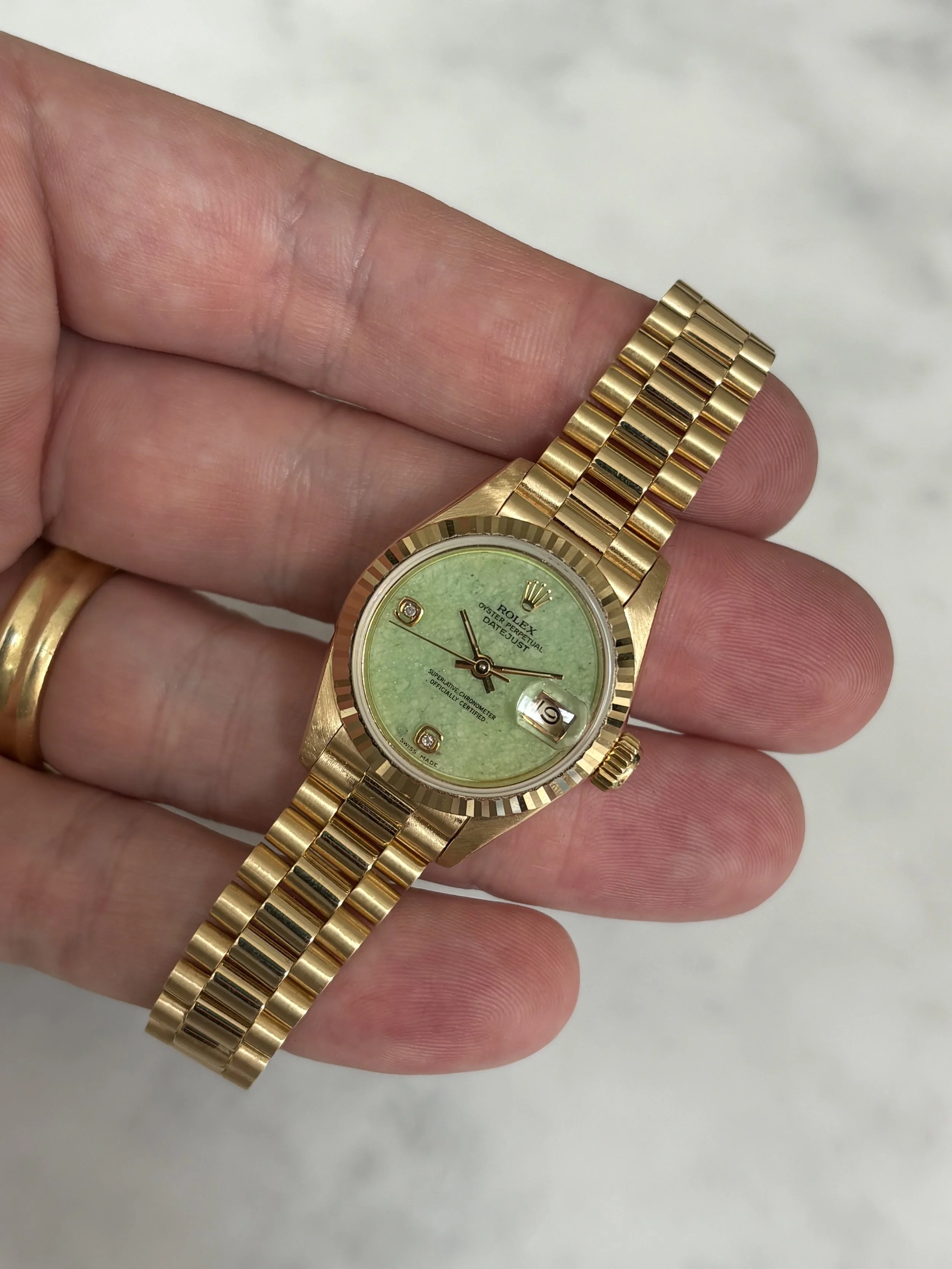 Rolex 26mm Datejust Yellow Gold Matcha Green 'Jadeite' Stone Dial & 6,9 Diamond Index ref. 69178 w/ Original Rolex Paper
