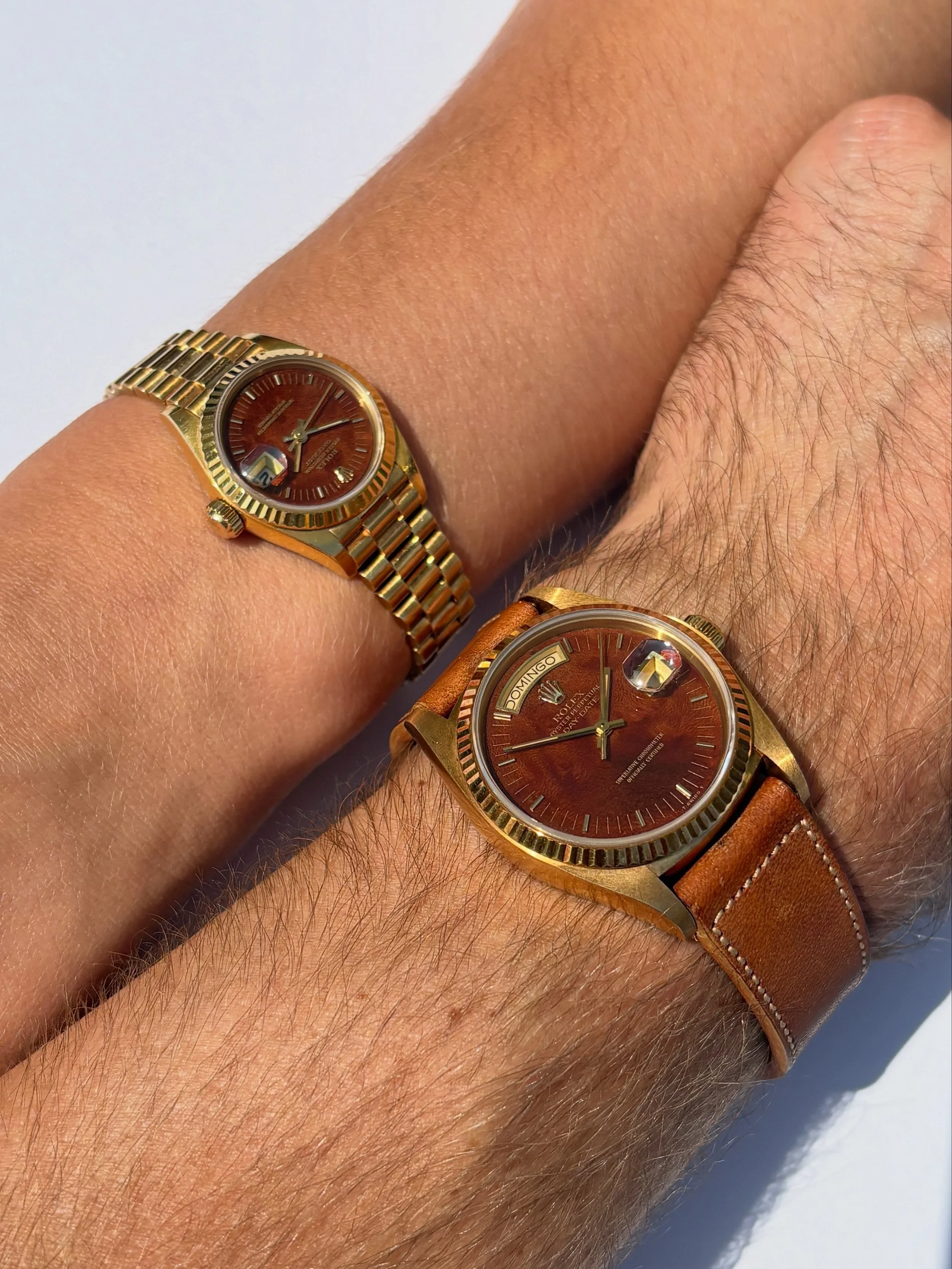 His & Hers Rolex Set Day-Date & Datejust Mahogany Wood Dial ref. 18038 & 69178