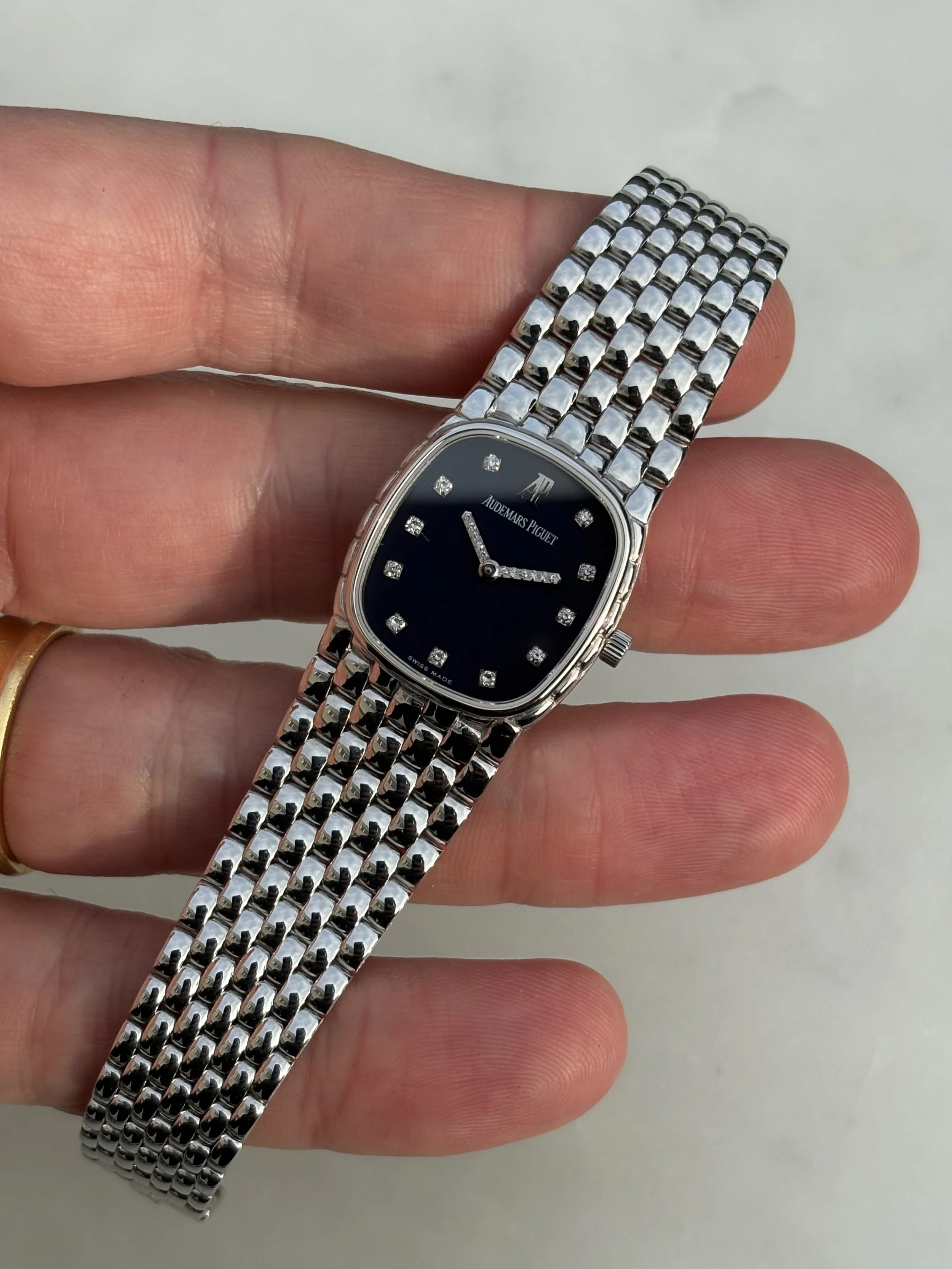 Audemars Piguet Mini Cobra White Gold 'Corn' Bracelet, Navy Dial, Diamond Hands & Indexes ref. 79228 w/ Box & Papers