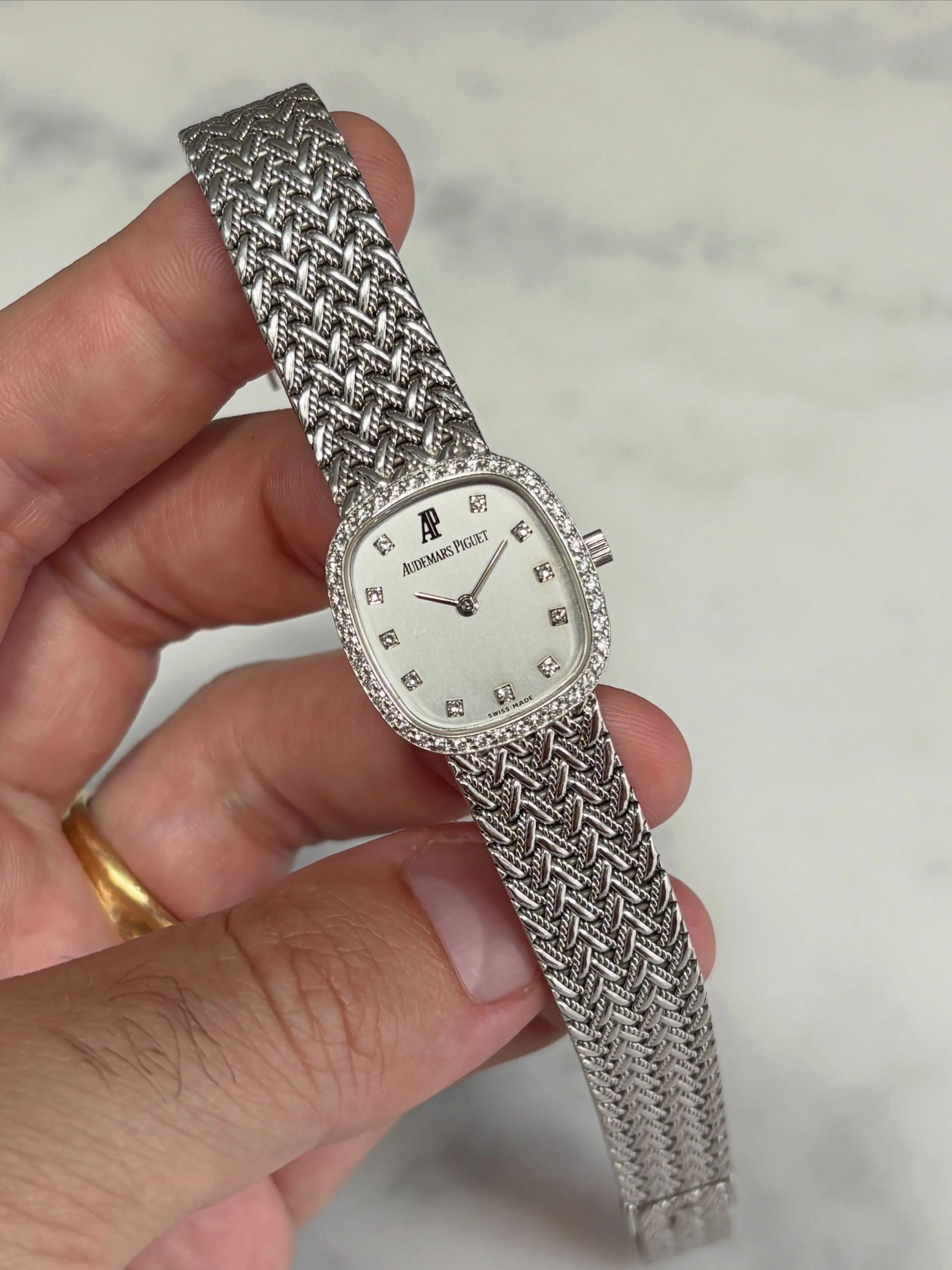 Audemars Piguet Mini Ellipse White Gold Knitted Bracelet, Silver Dial, Diamond Indexes, Hands & Bezel