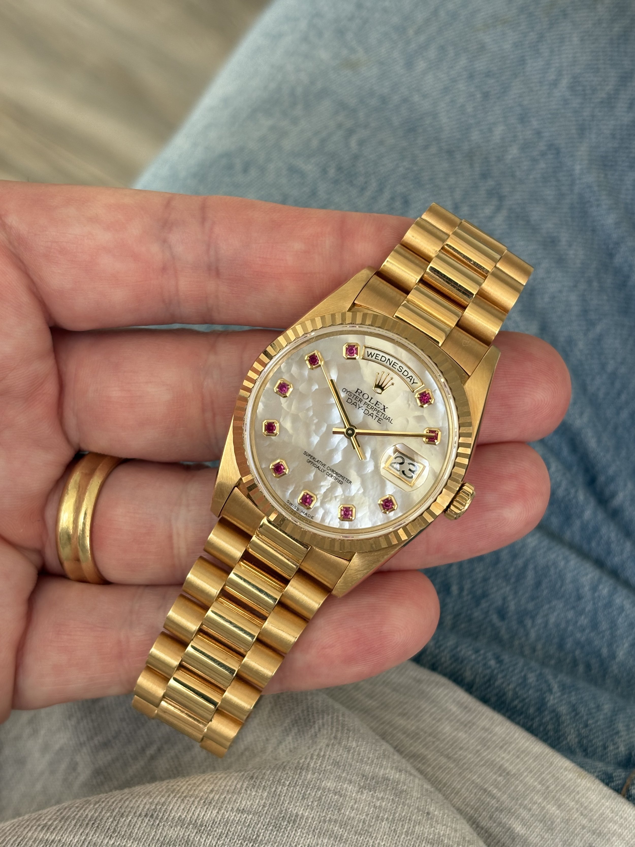 Rolex Day-Date 36mm Yellow Gold Mother Of Pearl & Ruby Index Dial ref. 18238
