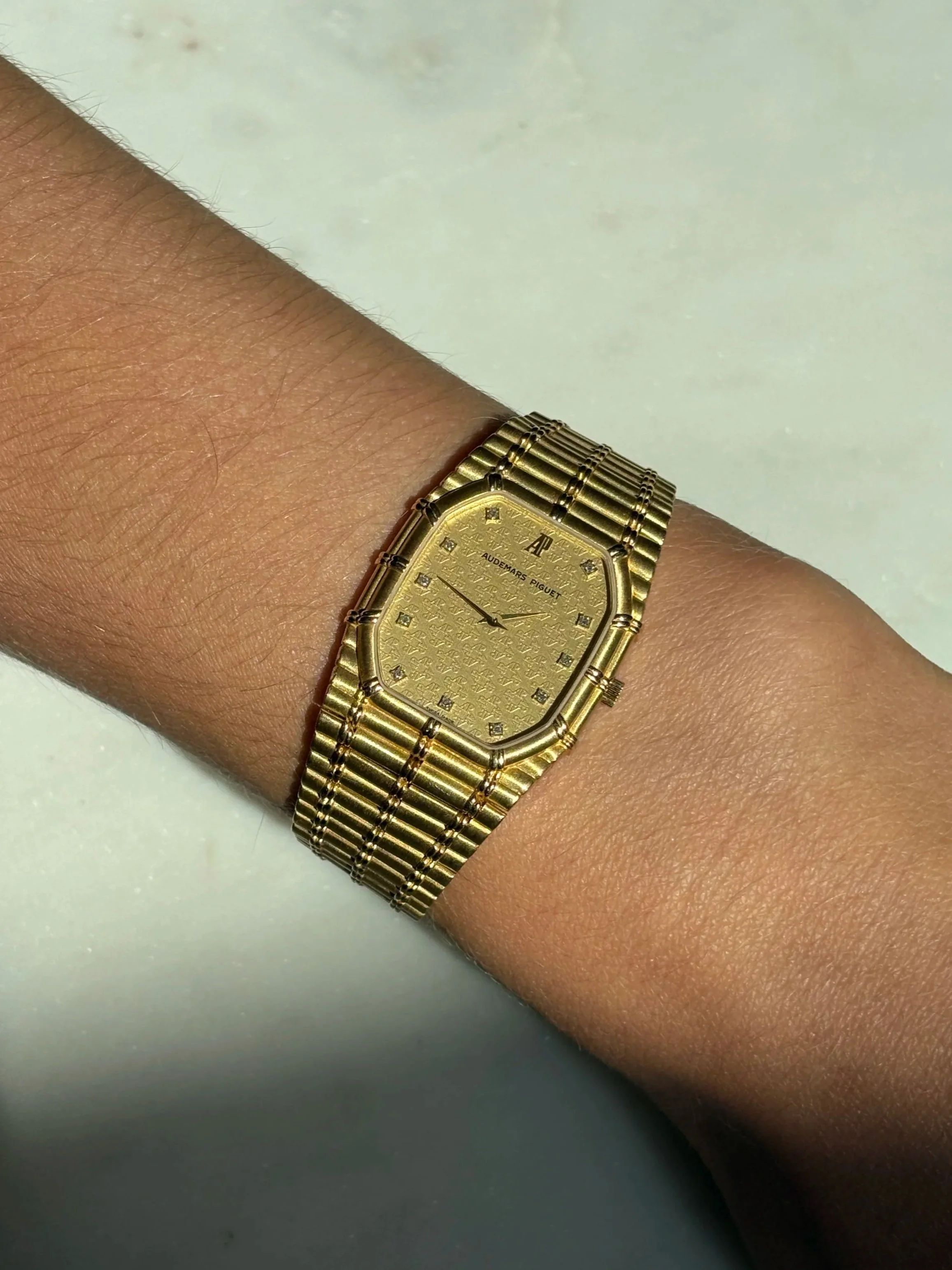 Audemars Piguet Bamboo Yellow Gold 'AP' Wallpaper Dial & Diamond Indexes ref. 14644 BA