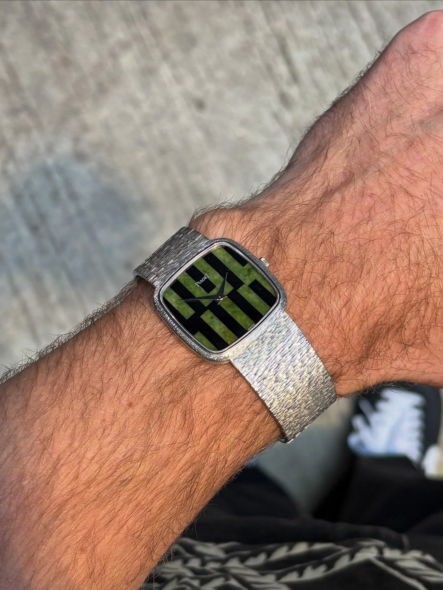 Piaget TV Case White Gold Bark Finish Onyx & Jade Stone Dial ref. 9771 AG w/ Original Piaget Papers