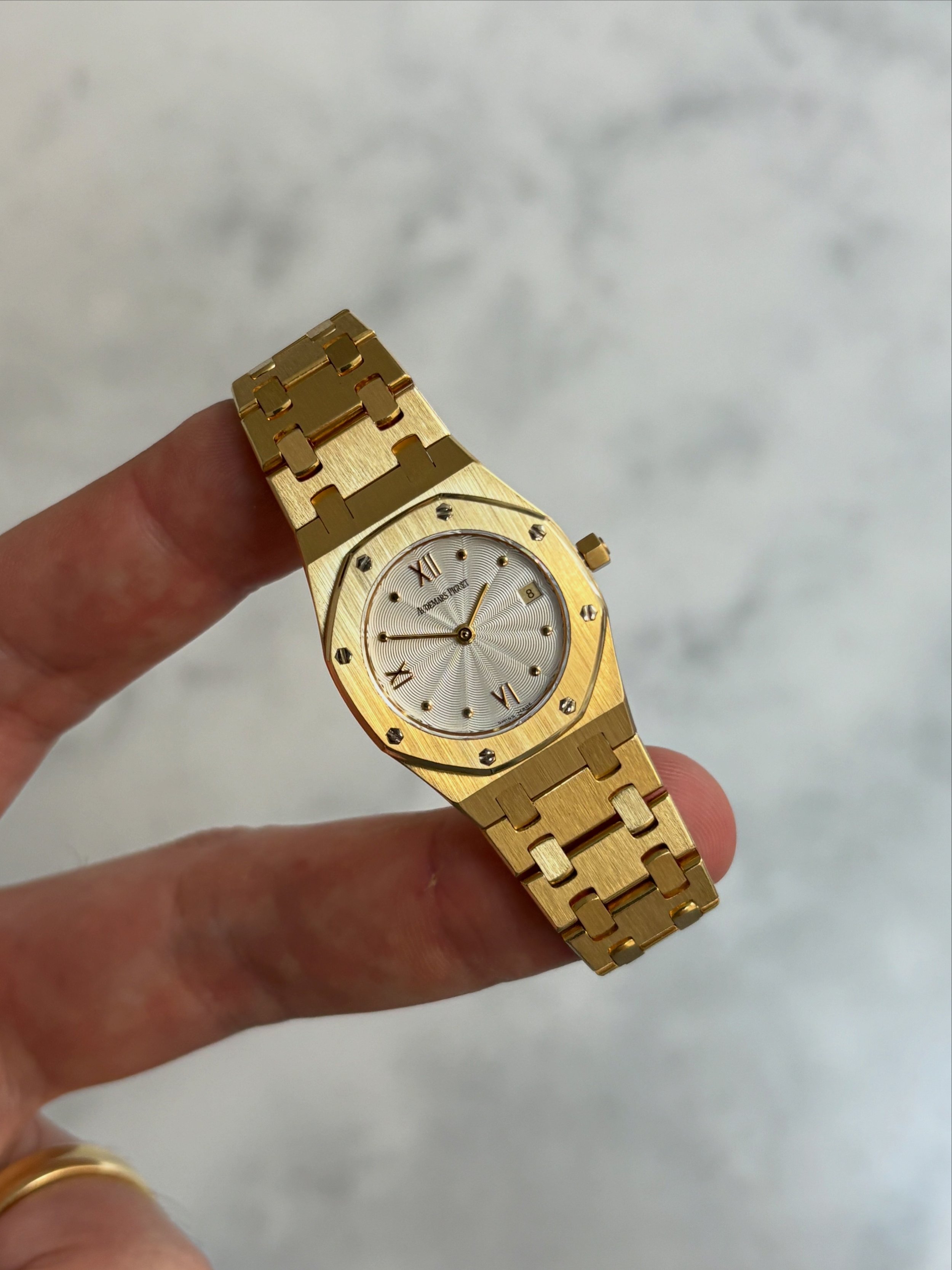 Audemars Piguet Mini Royal Oak Yellow Gold White Guilloche Dial ref. 67370BA