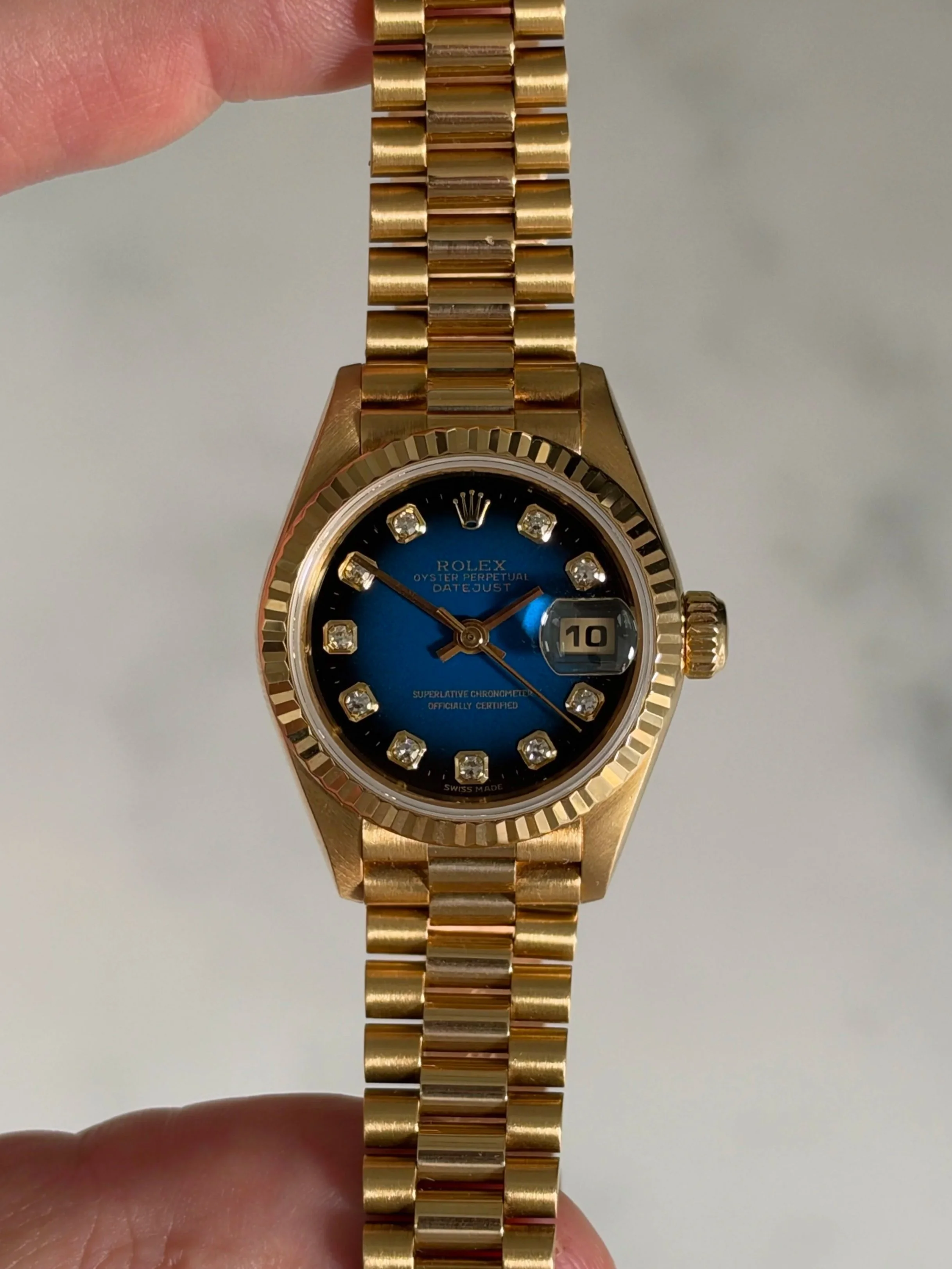 Rolex 26mm Datejust Yellow Gold Blue Vingette Dial ref. 69178 w/ Original Box & Papers