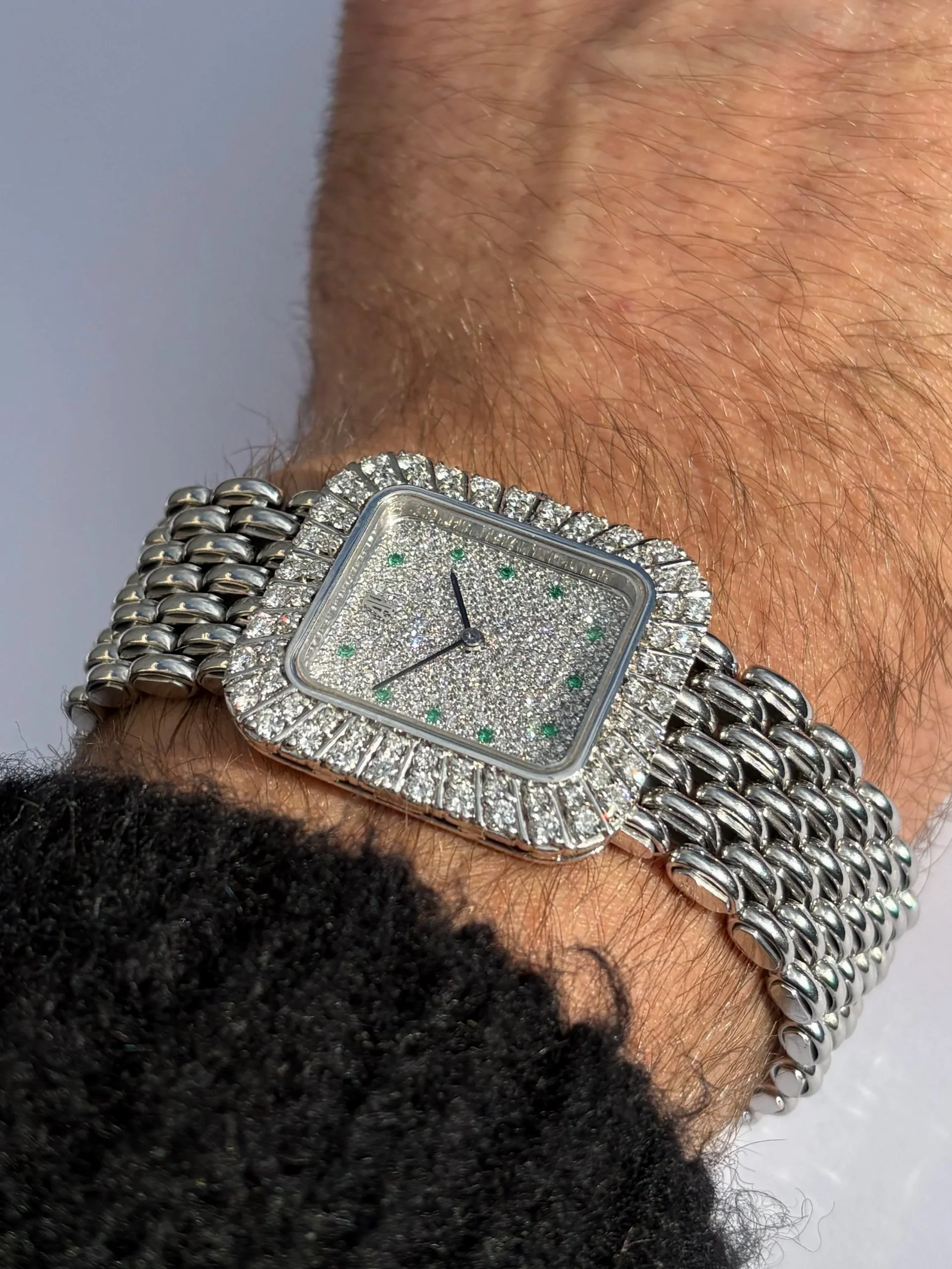 Audemars Piguet White Gold Heavy Beaded Bracelet, Pave Diamond Dial, Emerald Indexes & Double Row 2.4ct Diamond Bezel ref. 14712 BC
