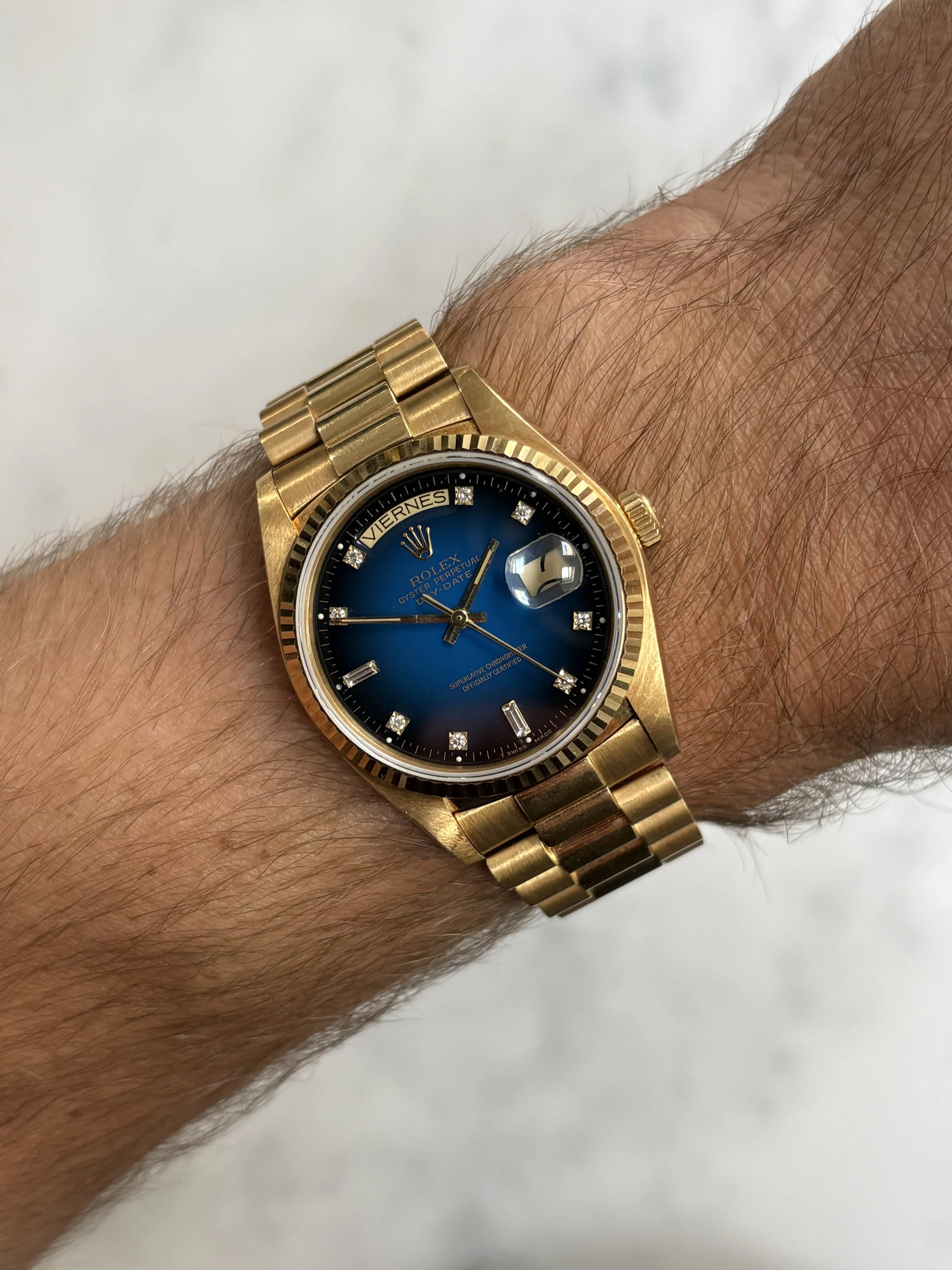 Rolex Day-Date 36mm Yellow Gold Blue Vignette Dial ref. 18038