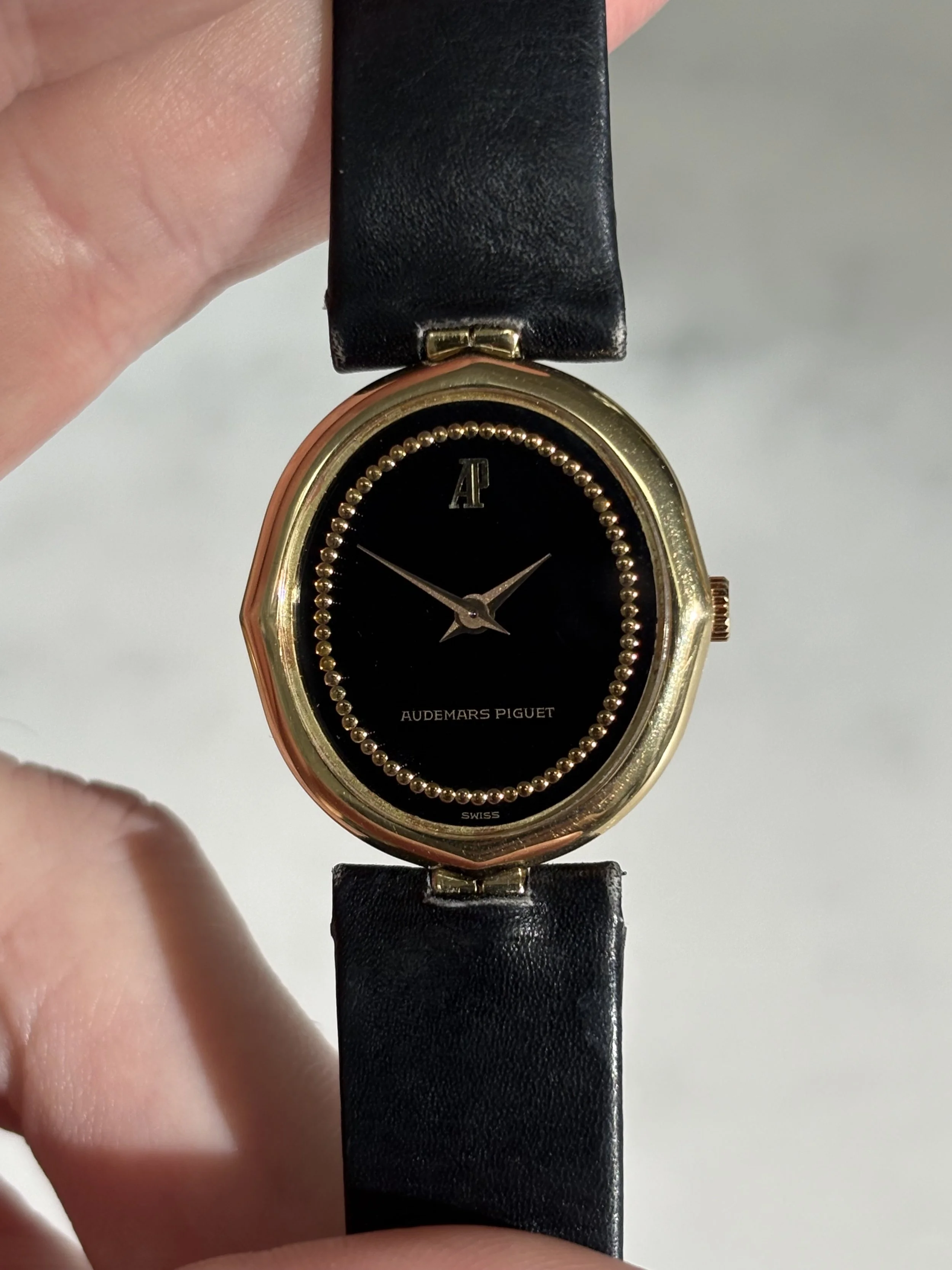 Audemars Piguet Yellow Gold Fancy Case Black Dial & Beaded Minute Track