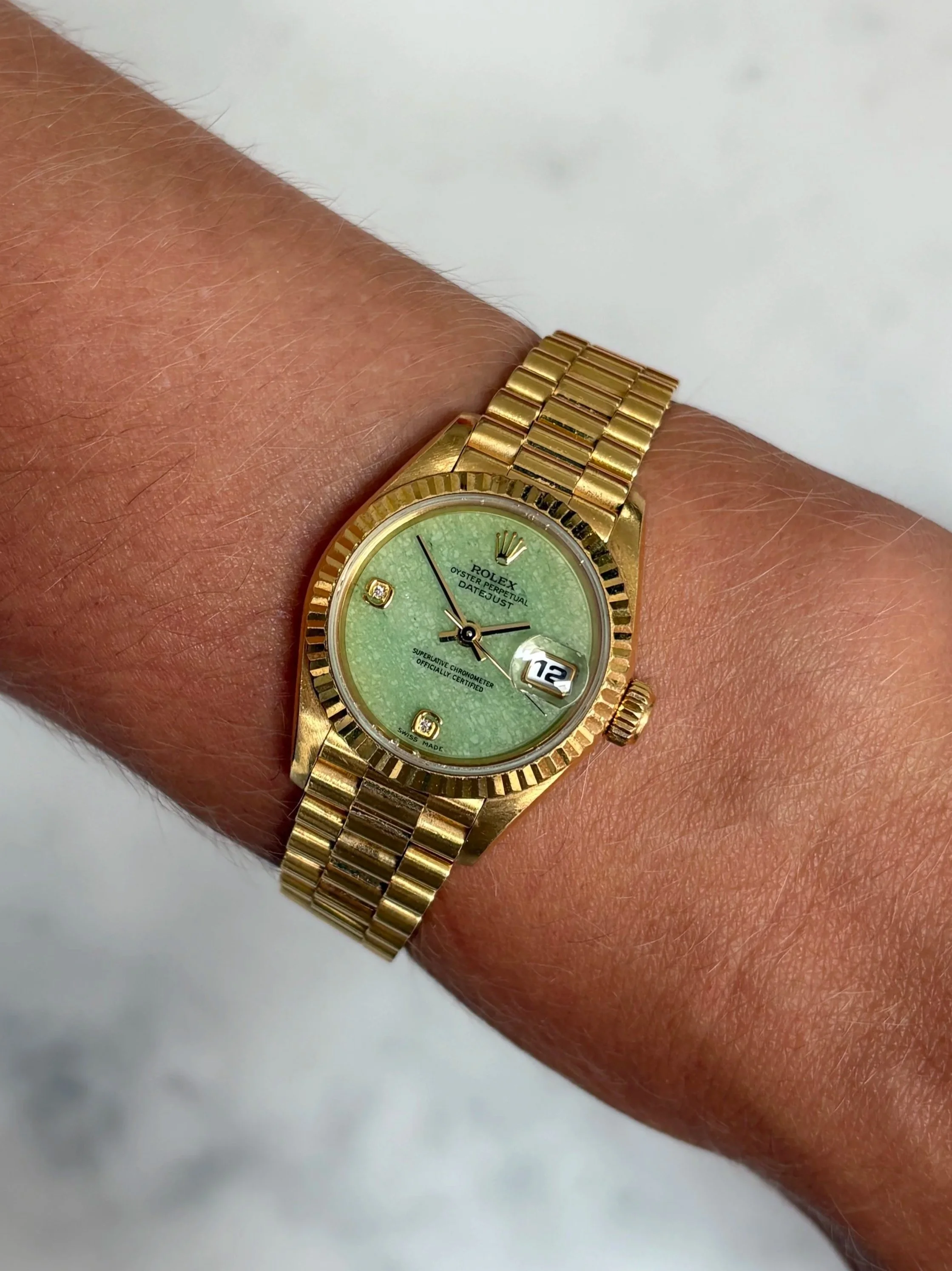 Rolex Datejust 26mm Yellow Gold 'Mint' Green Jadeite Stone Dial & 6,9 Diamond Index ref. 69178