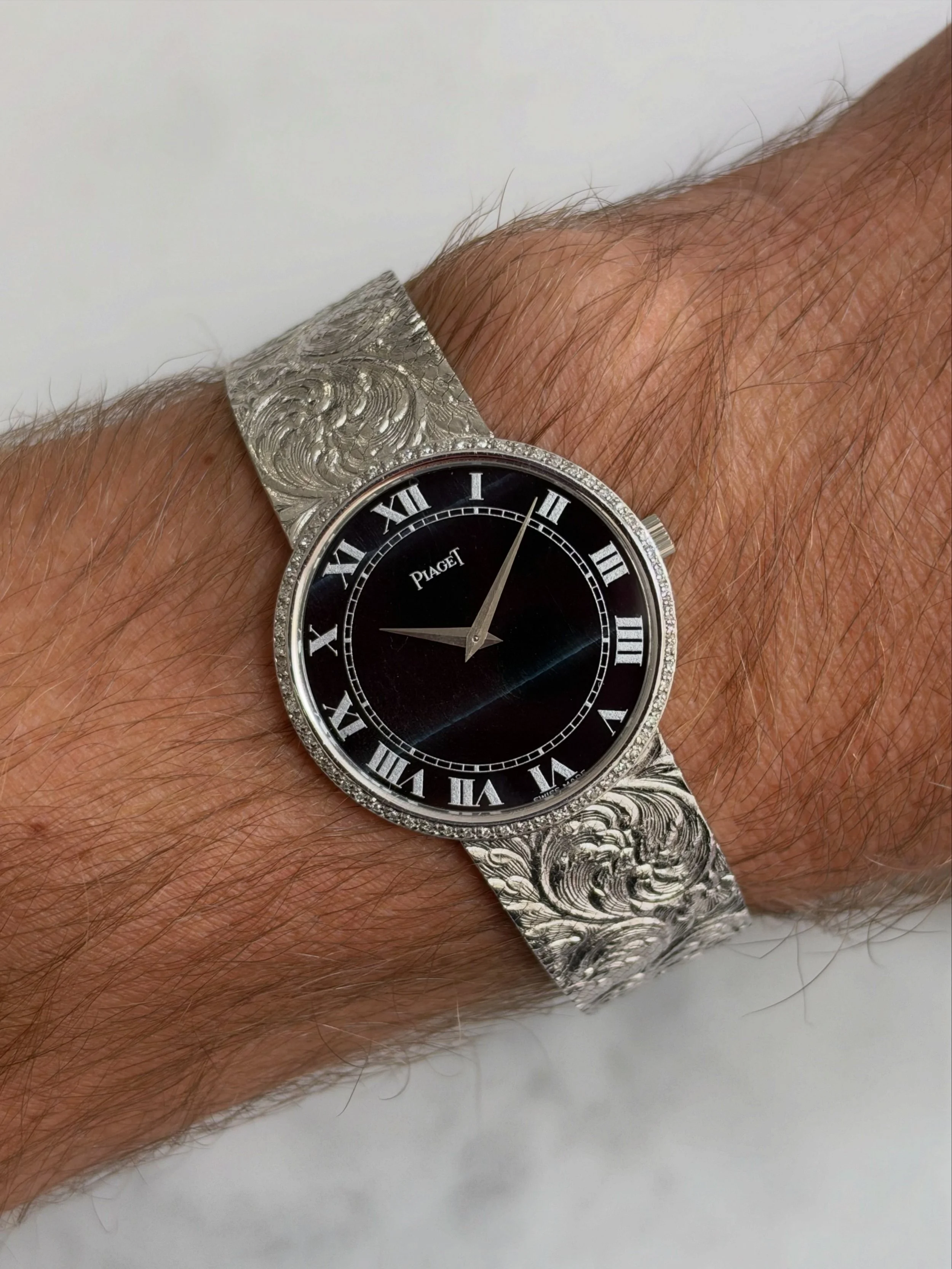 Piaget Calatrava White Gold Filigree Engraved Bracelet & Hawkeye Stone Dial ref. 9635 B57