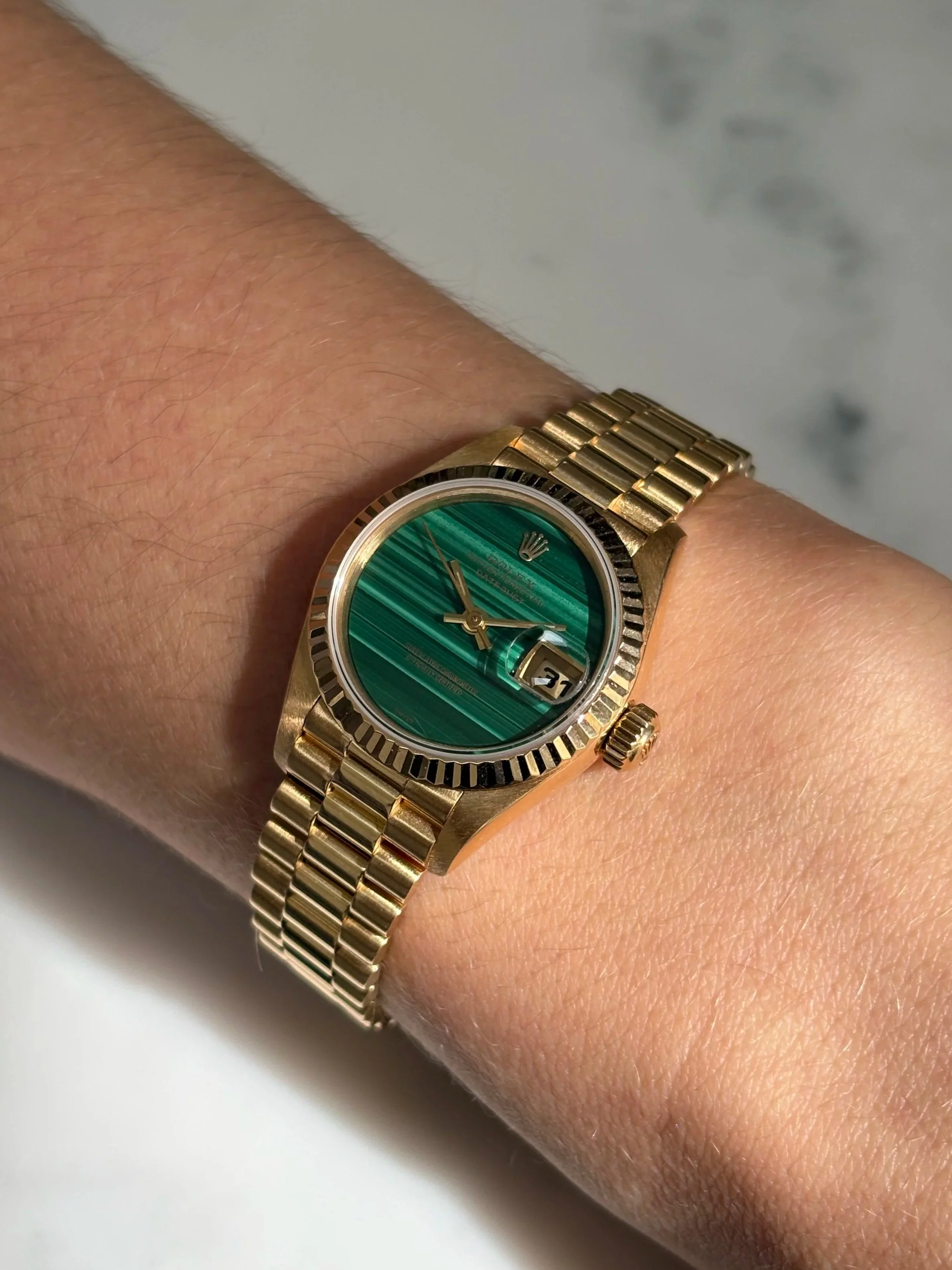Rolex Datejust 26mm Yellow Gold Malachite Stone Dial ref. 69178 W/ Rolex Service Paper