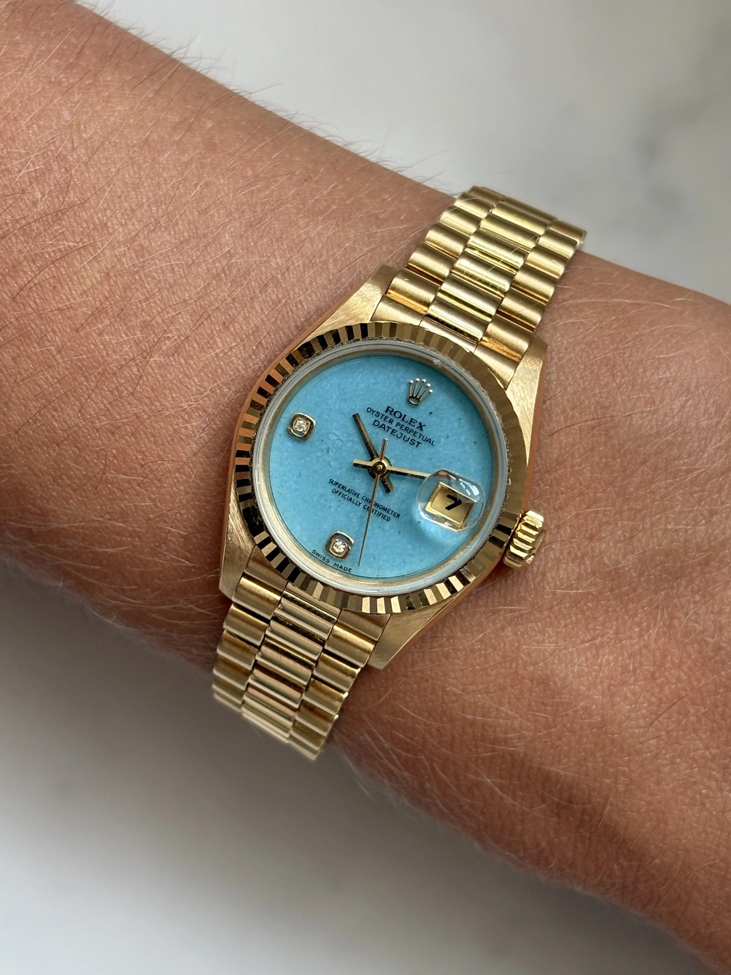 Rolex 26mm Datejust Yellow Gold Baby Blue 'Jadeite' Stone Dial & 6,9 Diamond Index ref. 69178