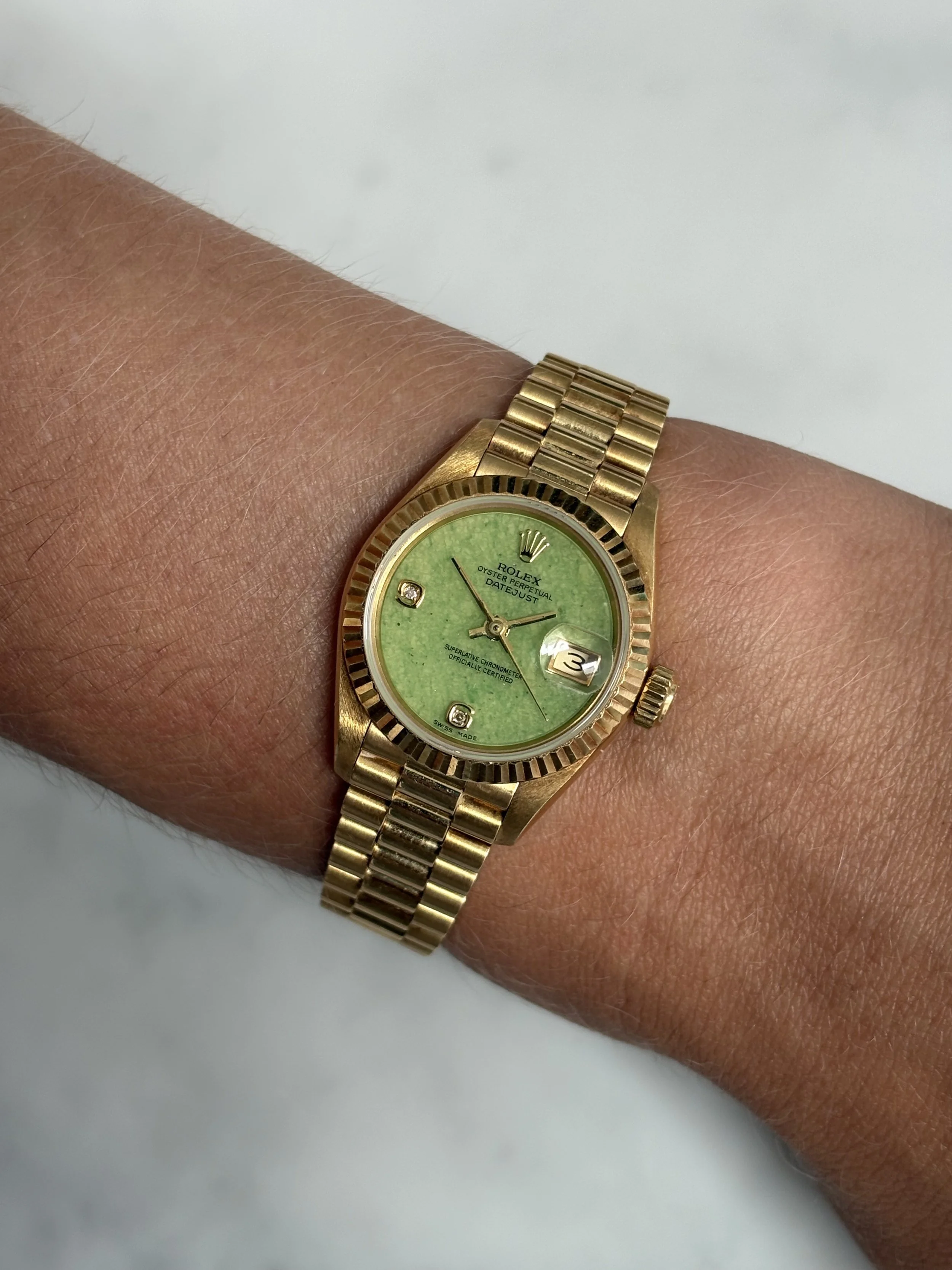 Rolex Datejust 26mm Yellow Gold 'Matcha' Green Jadeite Stone Dial & 6,9 Diamond Index ref. 69178