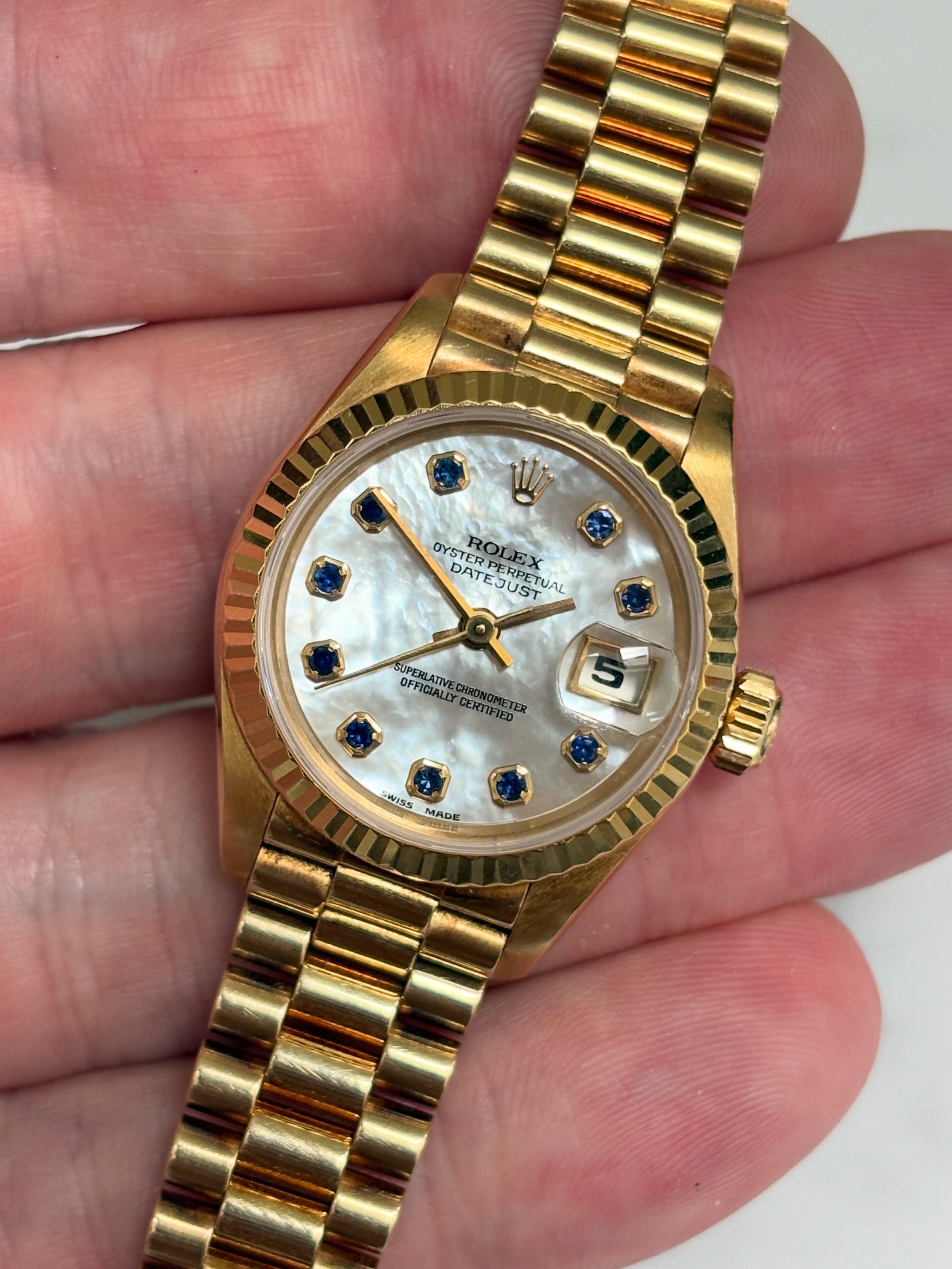 Rolex 26mm Datejust Yellow Gold Mother Of Pearl Stone Dial & Sapphire Indexes ref. 69178