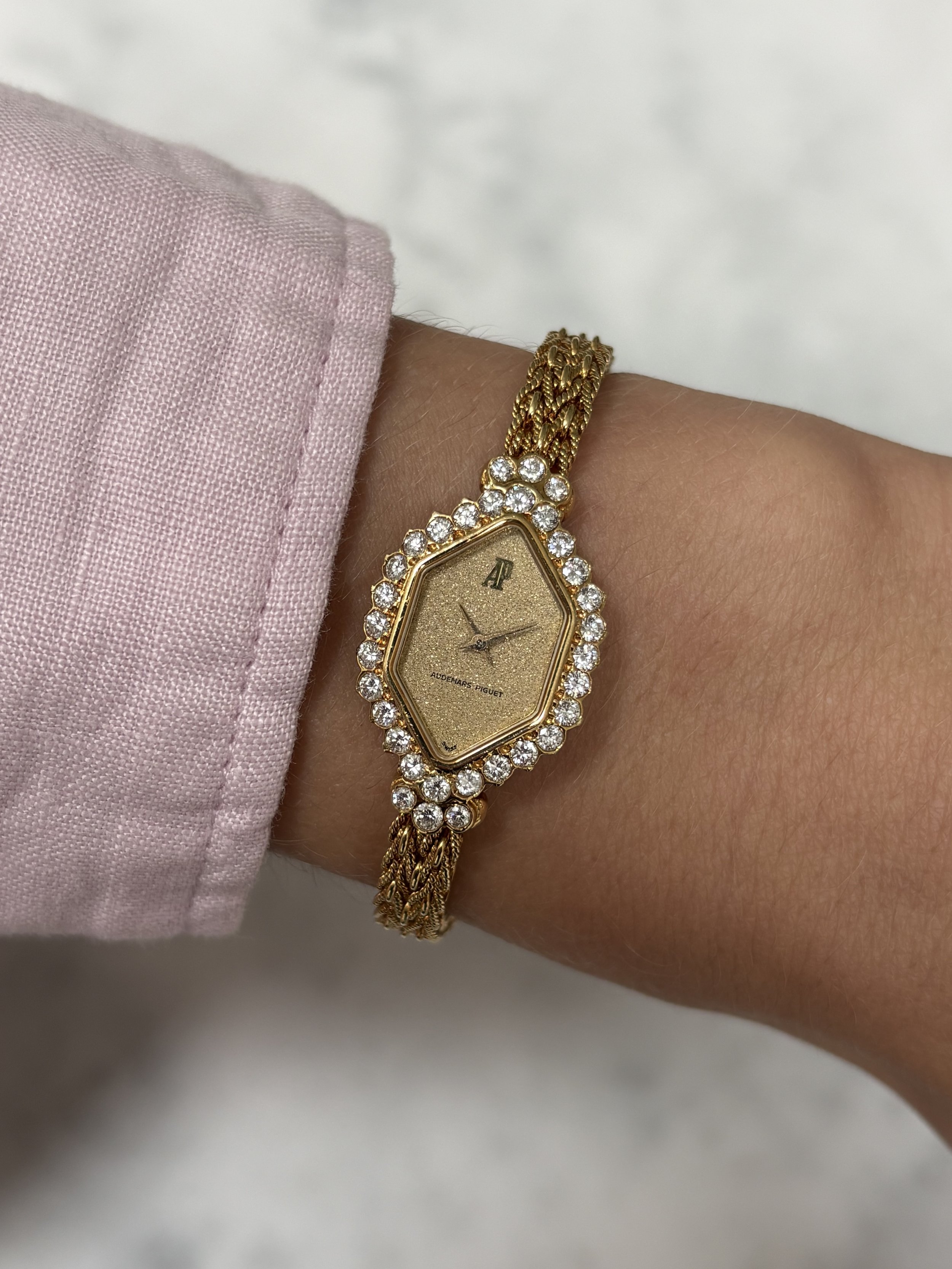 Audemars Piguet Mini Cocktail Watch Yellow Gold Rope Bracelet, 1ct Fancy Bezel & Snowflake Finish DIal