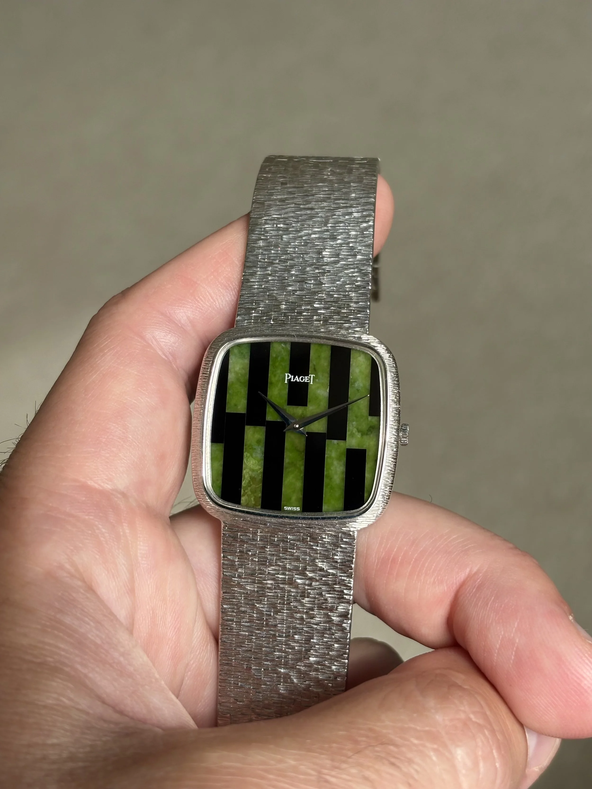 Piaget TV Case White Gold Bark Finish Onyx & Jade Stone Dial ref. 9771 AG w/ Original Piaget Papers