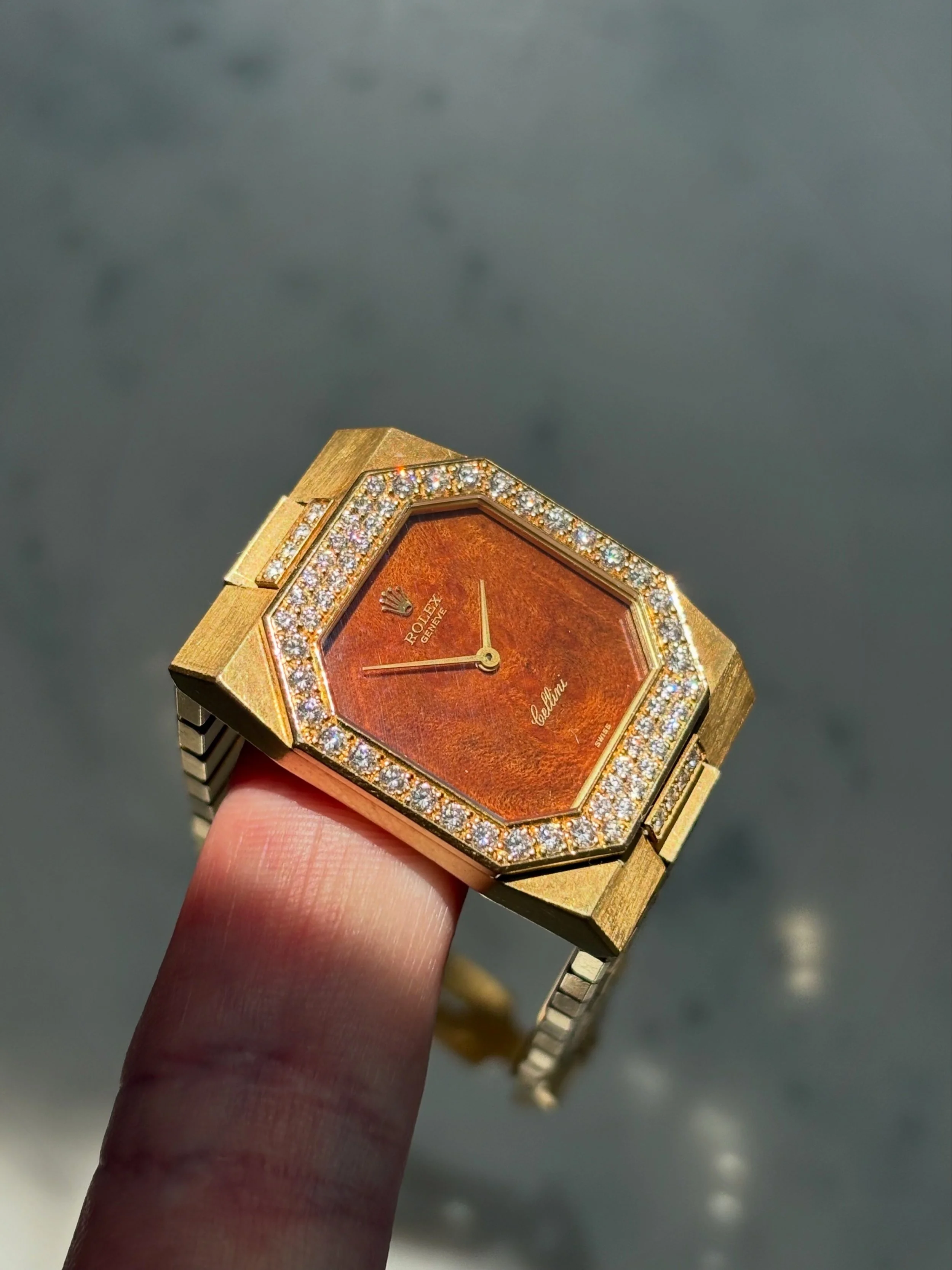 Rolex Cellini Octagon Yellow Gold Mahogany Wood Dial, Diamond Set Bezel & Links ref. 4652