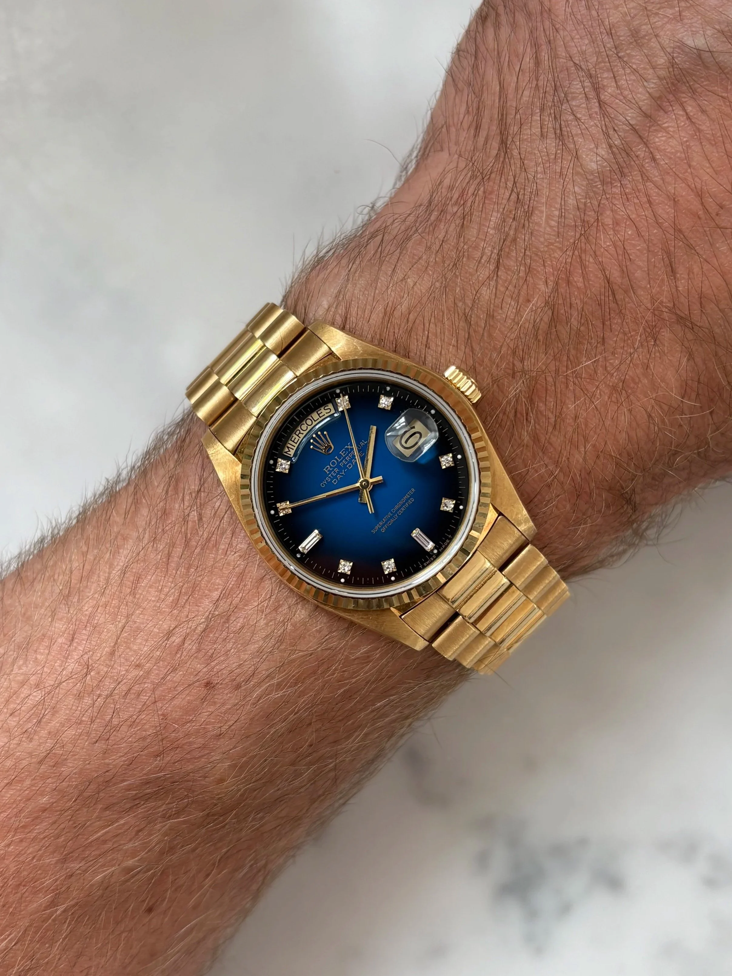 Rolex Day-Date 36mm Yellow Gold Blue Vignette Dial Spanish Date wheel ref. 18038