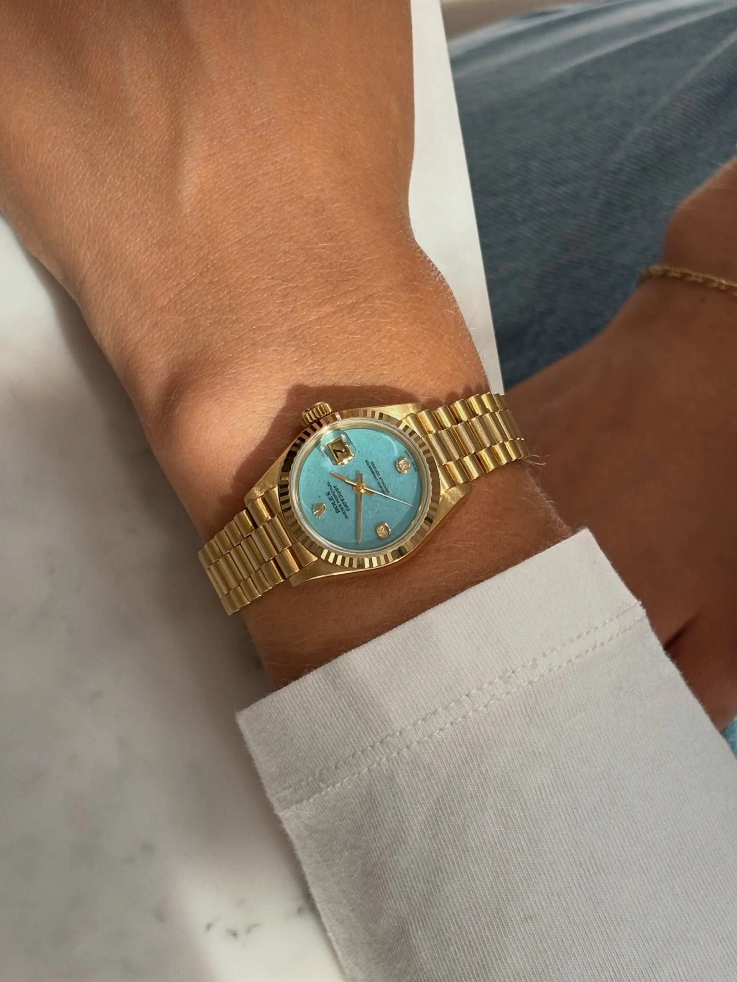 Rolex 26mm Datejust Yellow Gold Baby Blue 'Jadeite' Stone Dial & 6,9 Diamond Index ref. 69178