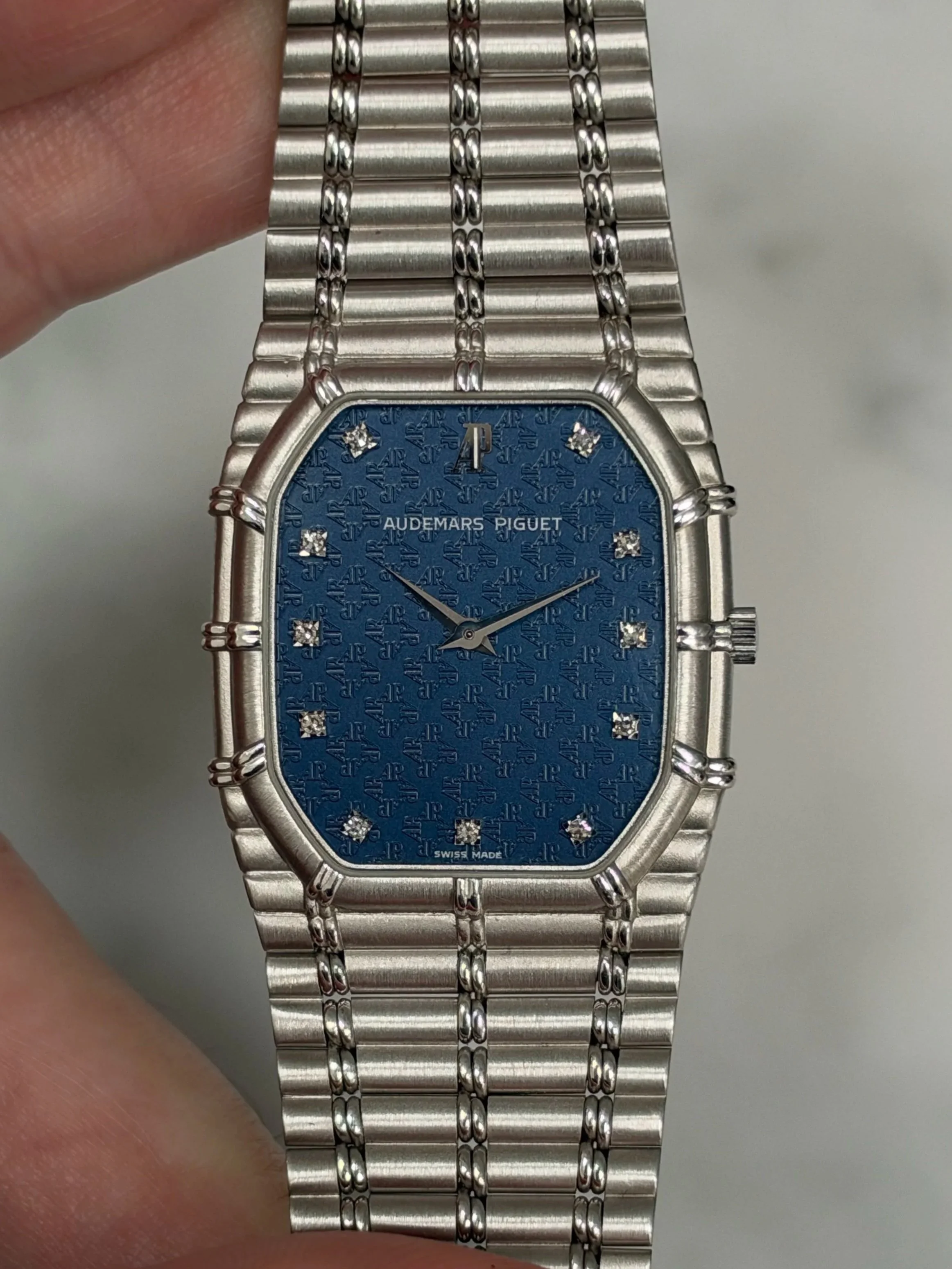 Audemars Piguet Bamboo White Gold Blue 'AP' Motif Wallpaper Dial & Diamond Indexes ref. 14644 BC w/ Orginal Box & Paper