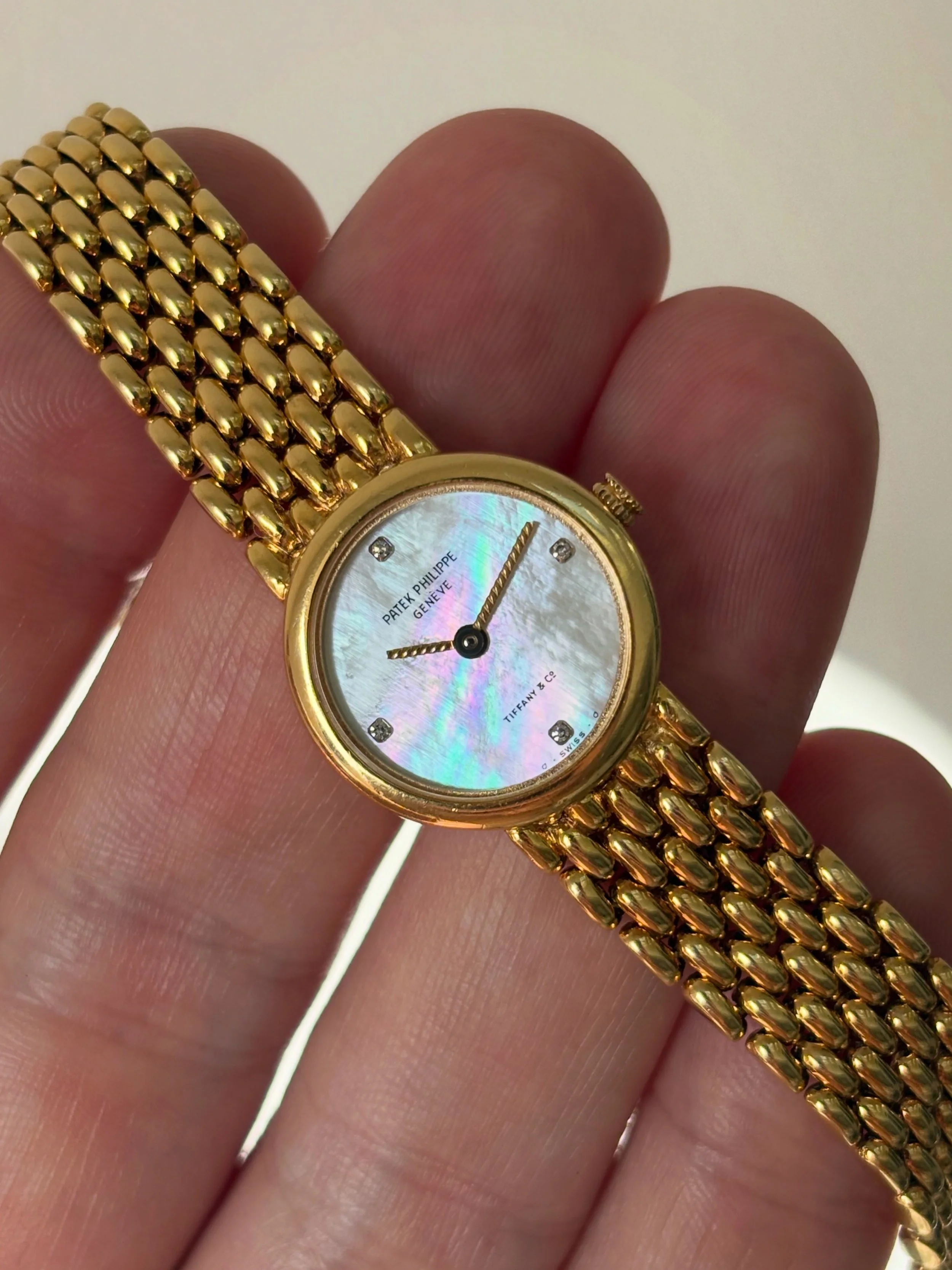 Patek Philippe Mini Calatrava Yellow Gold 'Tiffany & Co' Beads Of Rice Bracelet, Mother Of Pearl Dial & Diamond Indexes ref. 4706