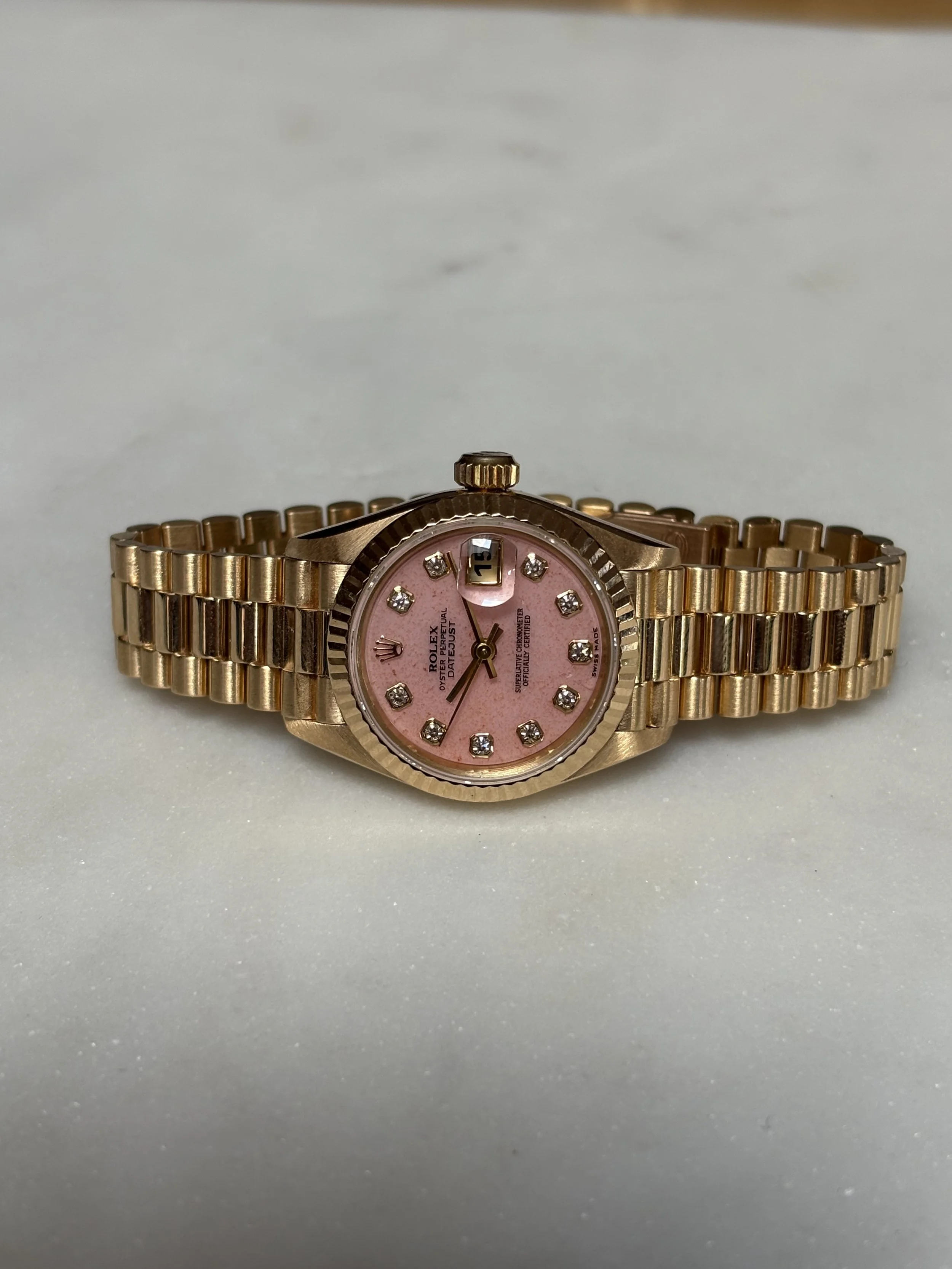 Rolex 26mm Datejust Yellow Gold Pink Coral Stone Dial & Diamond Indexes ref. 69178