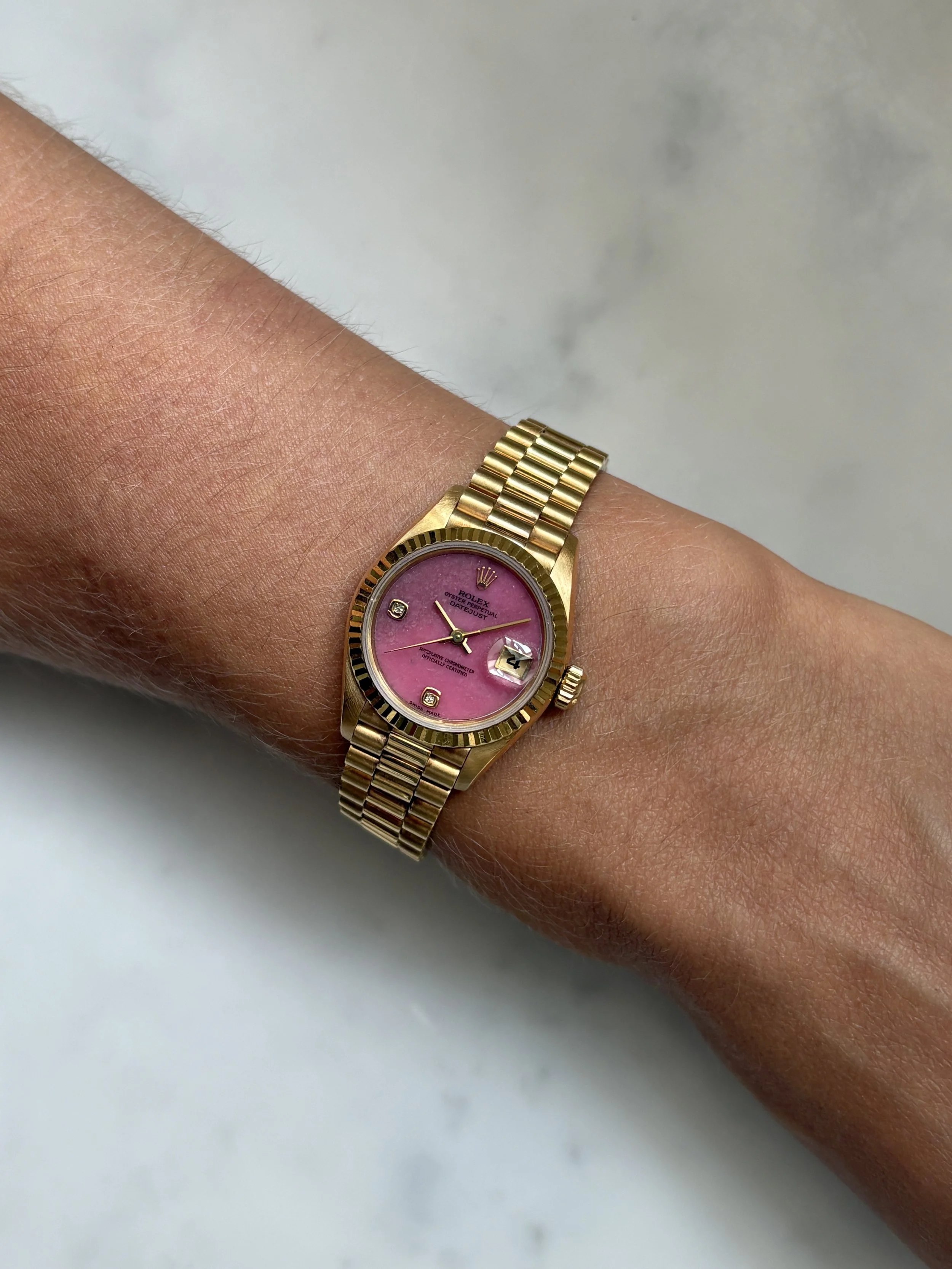 Rolex 26mm Datejust Yellow Gold Powder Pink 'Jadeite' Stone Dial & 6,9 Diamond Index ref. 69178