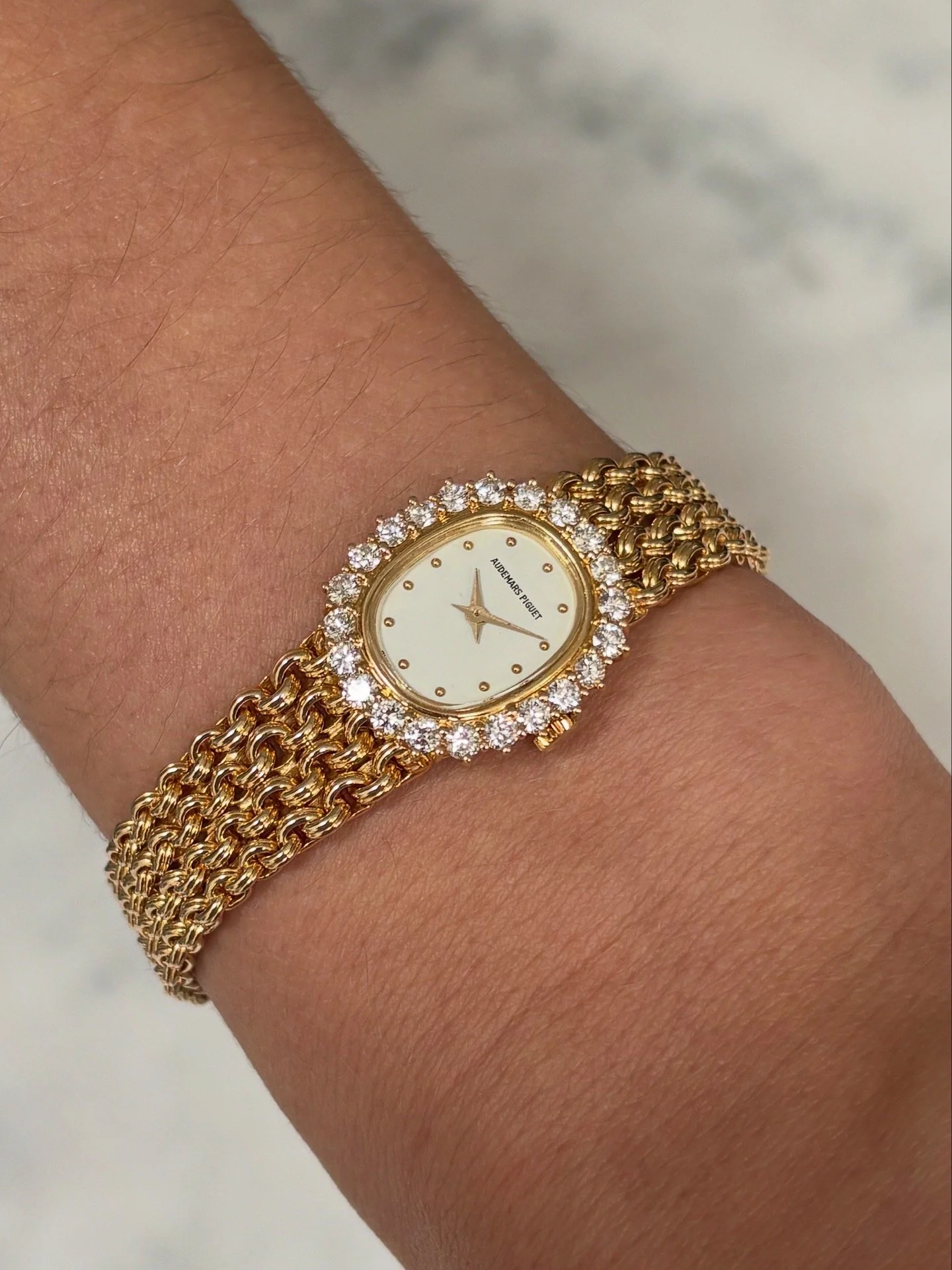 Audemars Piguet Mini Ellipse Diamond Bezel, White Dial & Gold Pinball Indexes