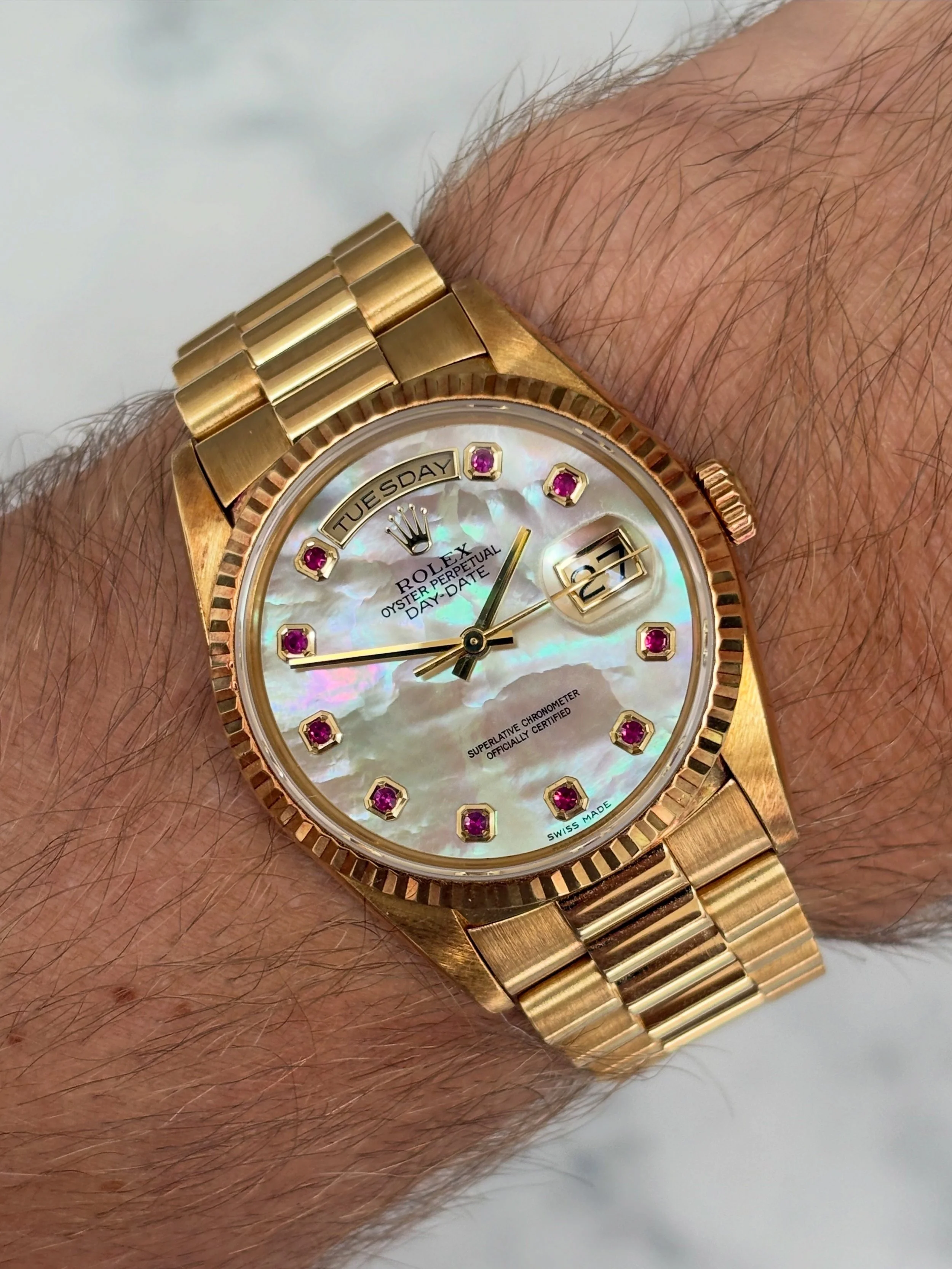 Rolex Day-Date 36mm Yellow Gold Mother Of Pearl & Ruby Index Dial ref. 18238