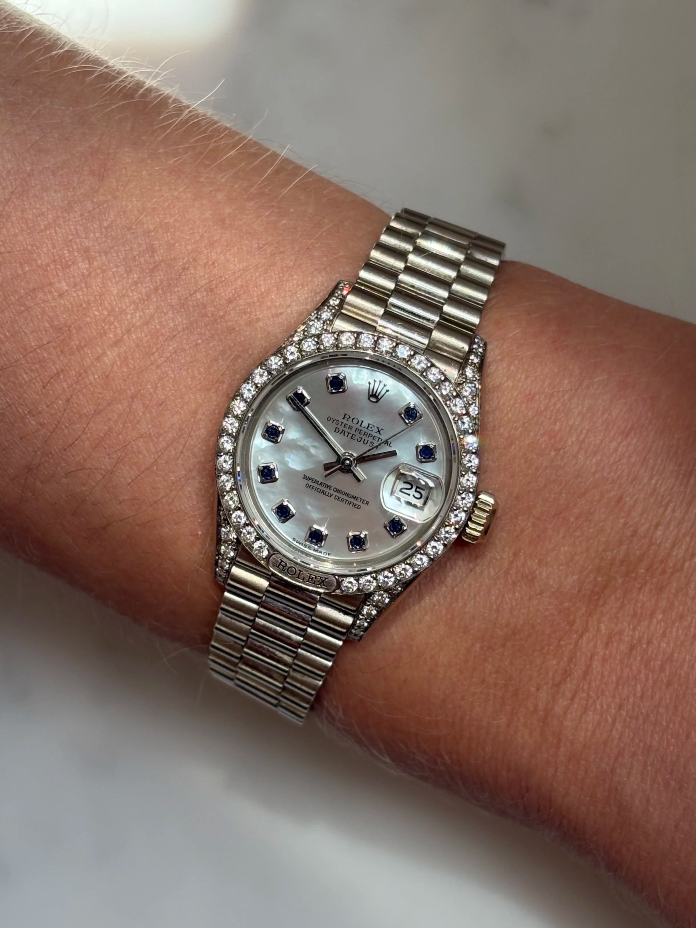 Rolex Datejust 26mm White Gold Mother Of Pearl Stone Dial, Sapphire Indexes, Diamond Bezel & Lugs ref. 69159