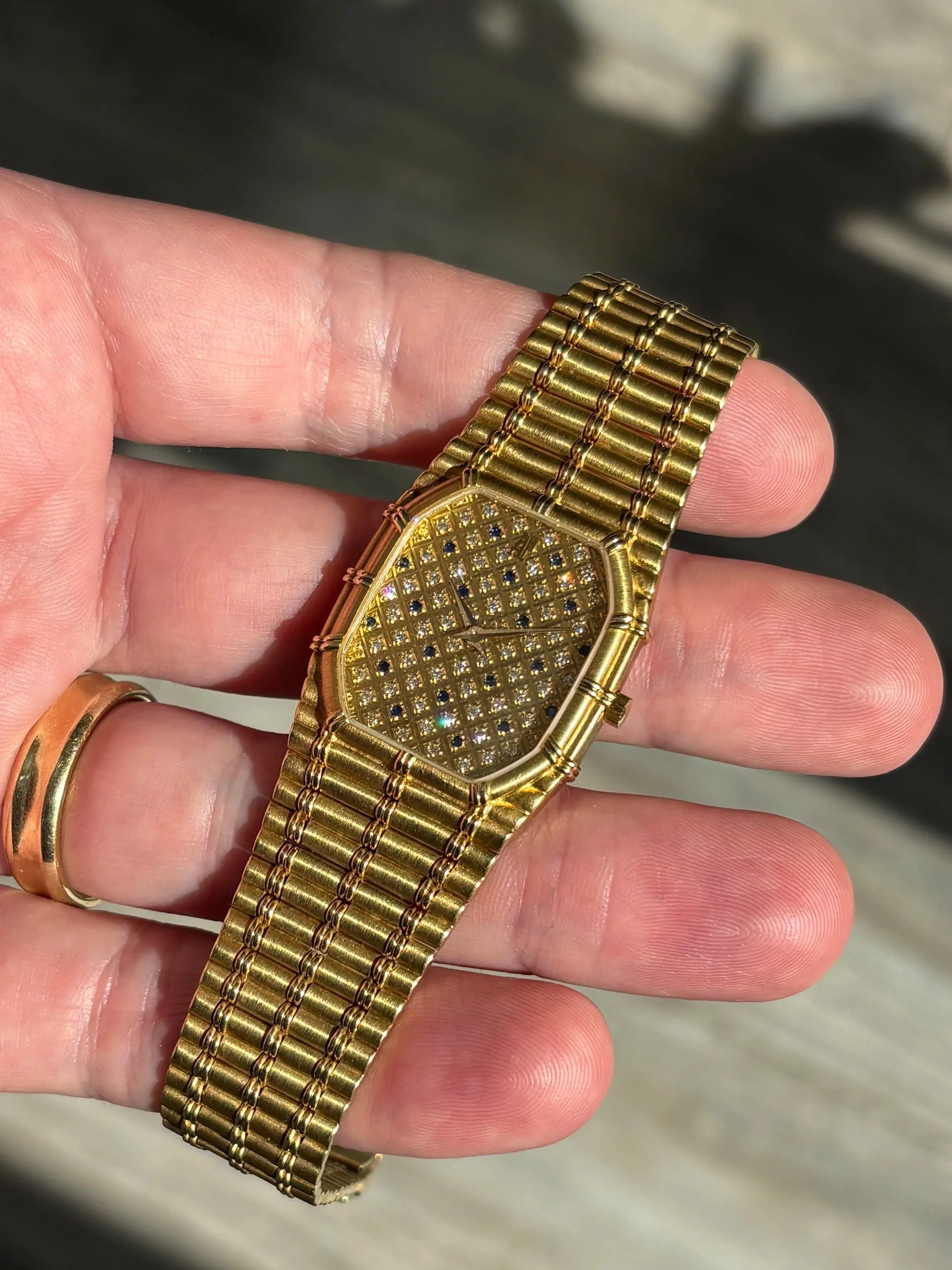 Audemars Piguet Bamboo Yellow Gold 'Blueberry' Sapphire & Diamond Cross Hatch Dial ref. 56206 BA