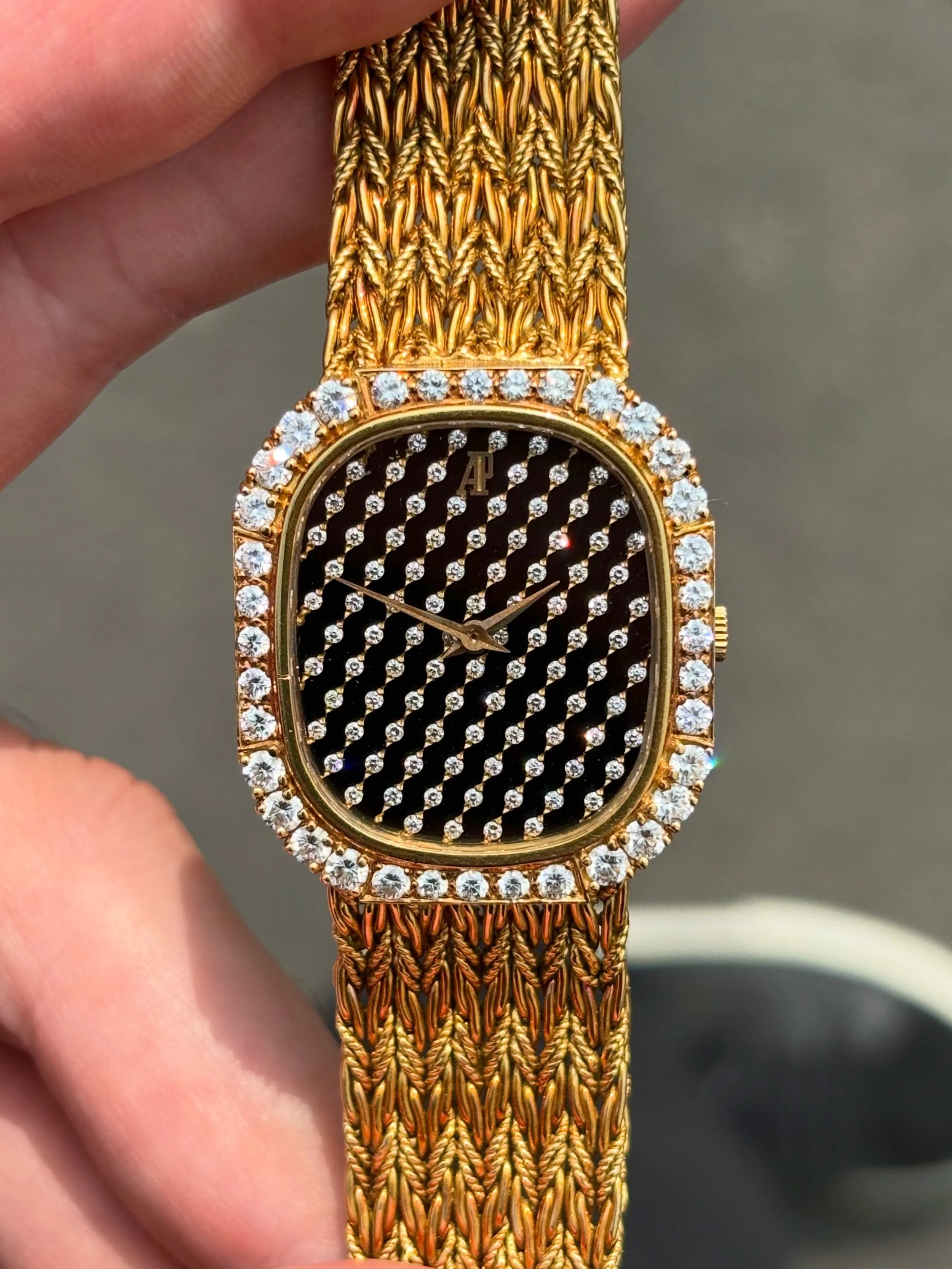 Audemars Piguet Ellipse Yellow Gold Weaved Bracelet, 'Black Raindrop' Diamond Dial, 1.8ct Diamond Bezel