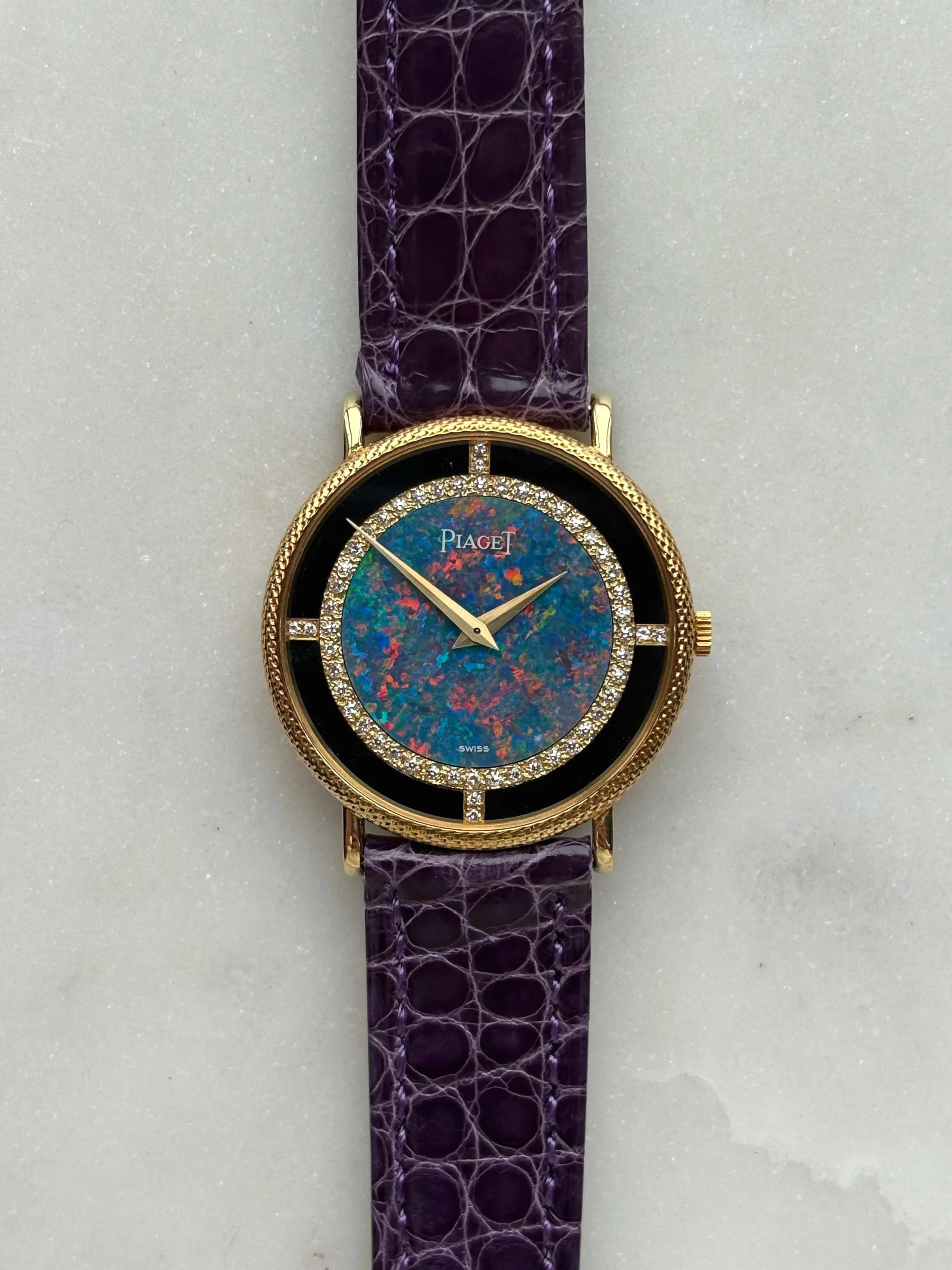 Piaget Altiplano Yellow Gold Hobnail Textured Case, Opal, Onyx & Diamond Set Dial ref. 9026
