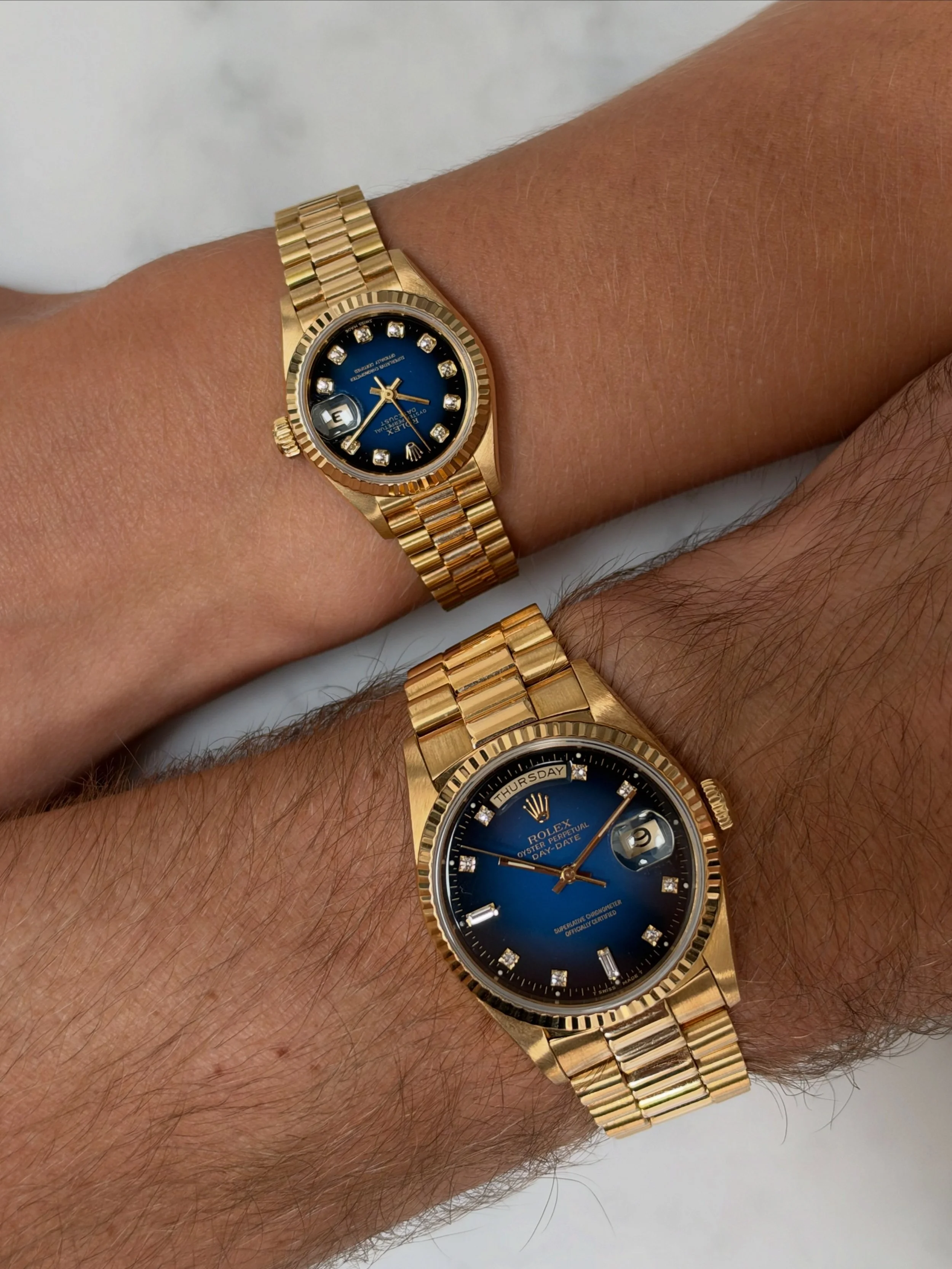 His & Hers Rolex Set Day-Date & Datejust Blue Vingette Dials ref. 18238 & 69178