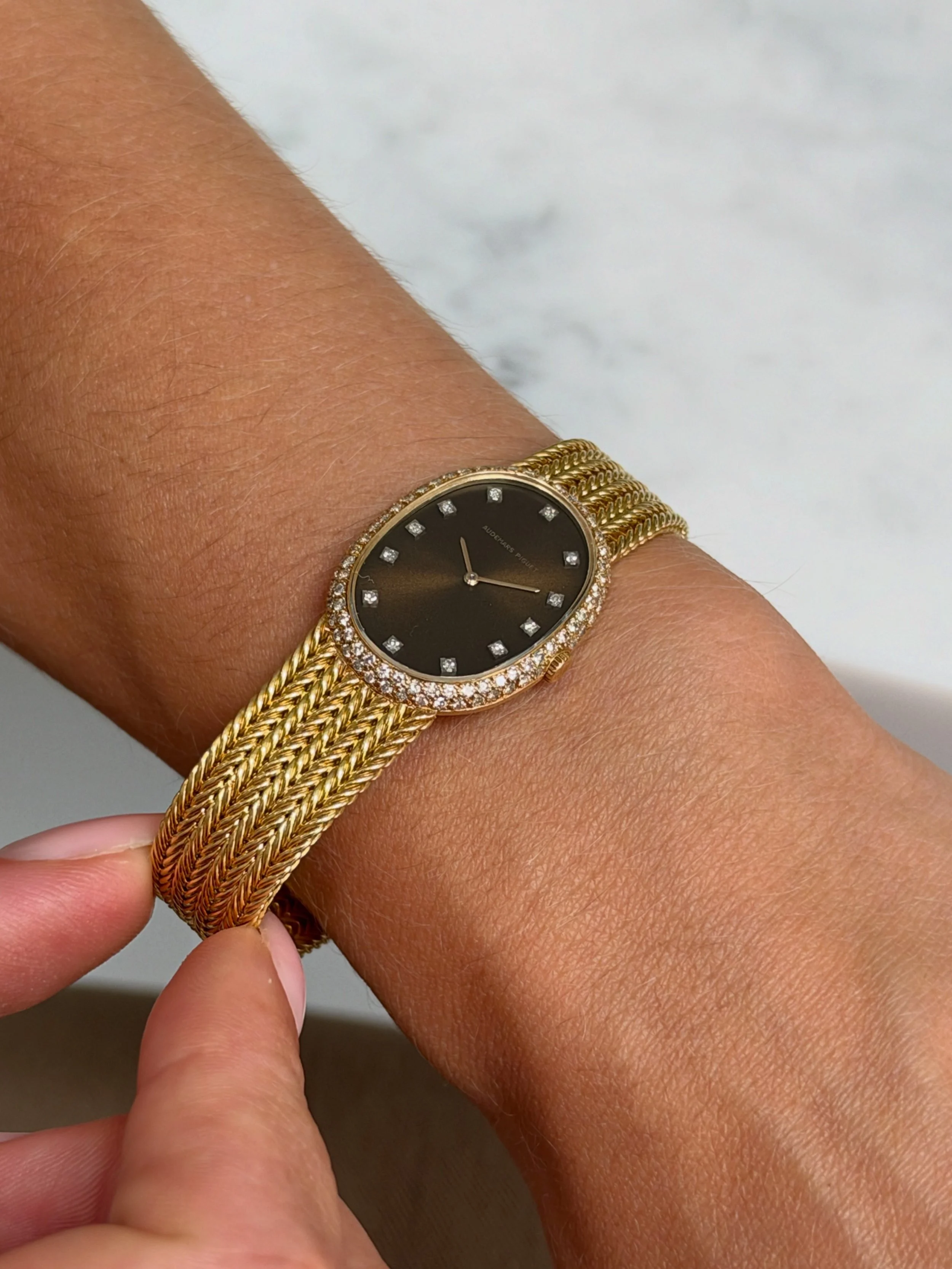 Audemars Piguet Baignoire Yellow Gold Woven Bracelet, Chocolate Dial, Diamond Indexes & Case