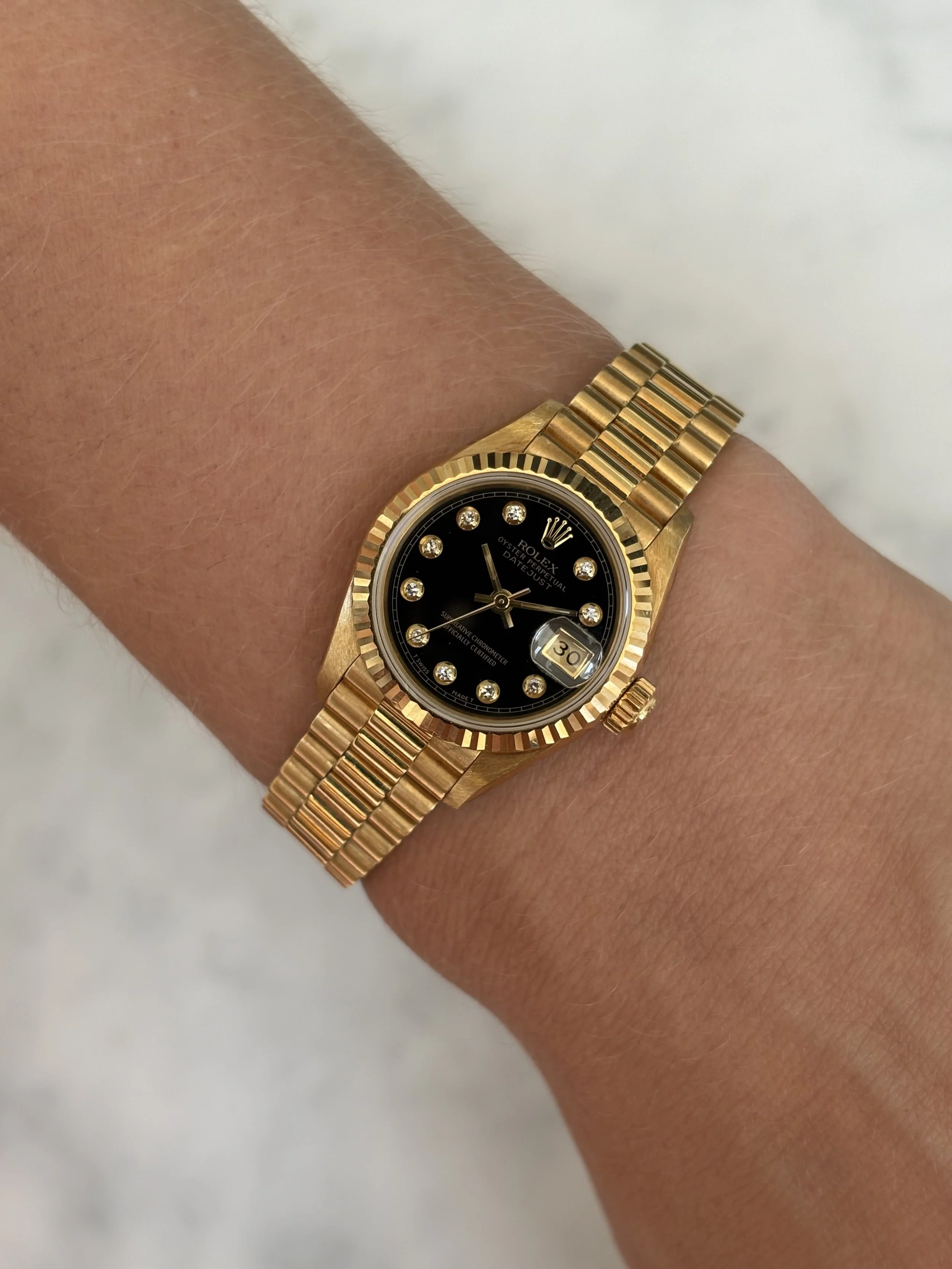 Rolex 26mm Datejust Yellow Gold Onyx Pinball Diamond Dial ref. 69178