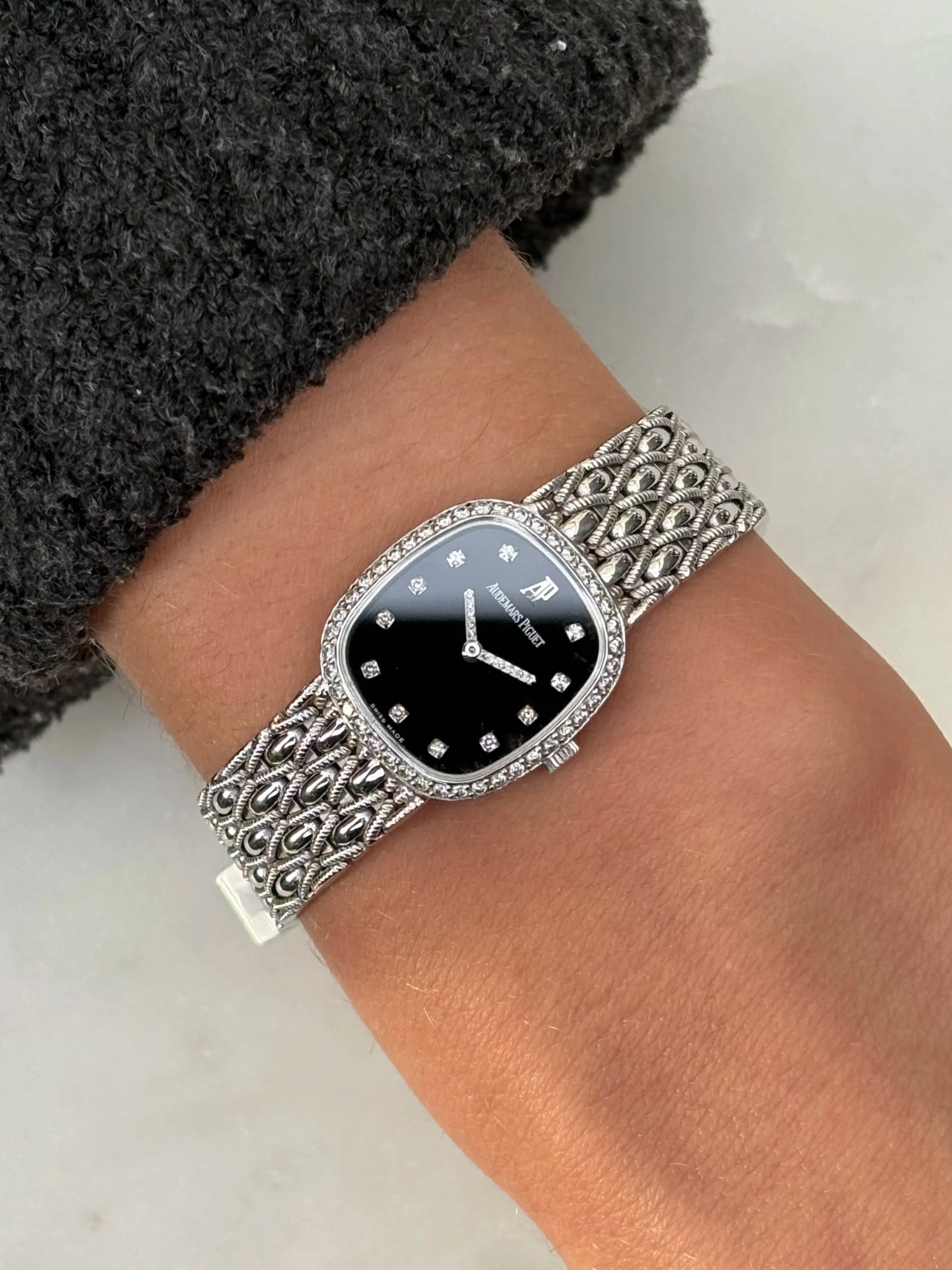 Audemars Piguet Mini Ellipse White Gold 'Weave' Bracelet, Navy Dial, Diamond Indexes, Hands & Bezel