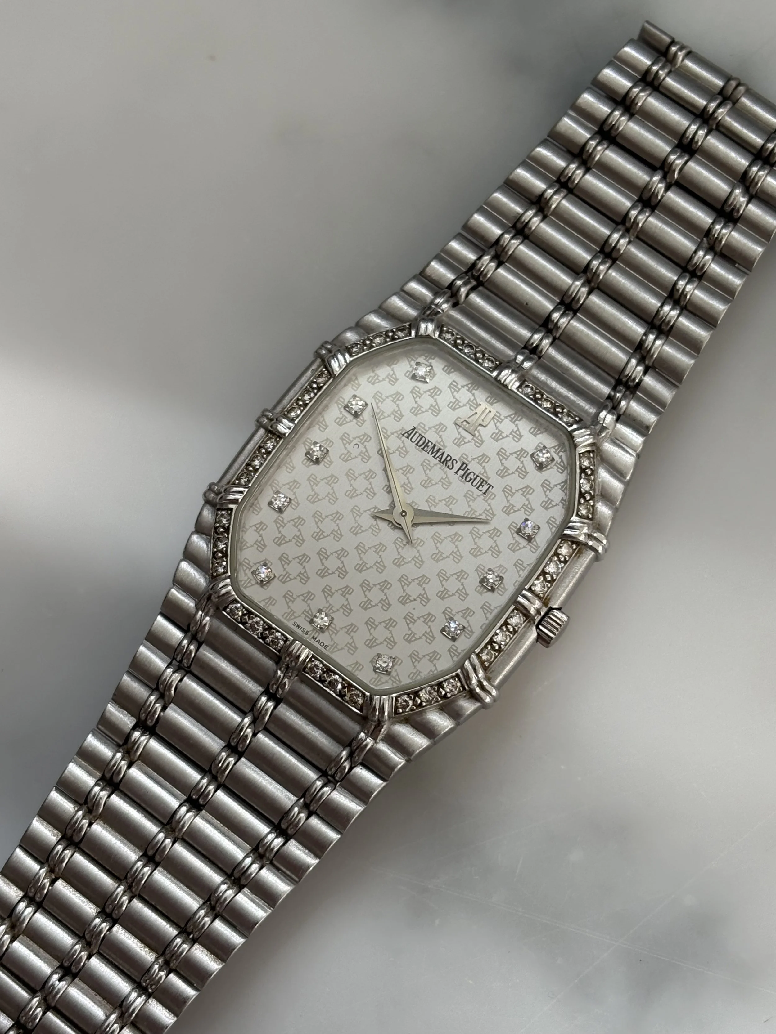 Audemars Piguet Bamboo White Gold 'AP' Motif Dial, Diamond Indexes & Bezel
