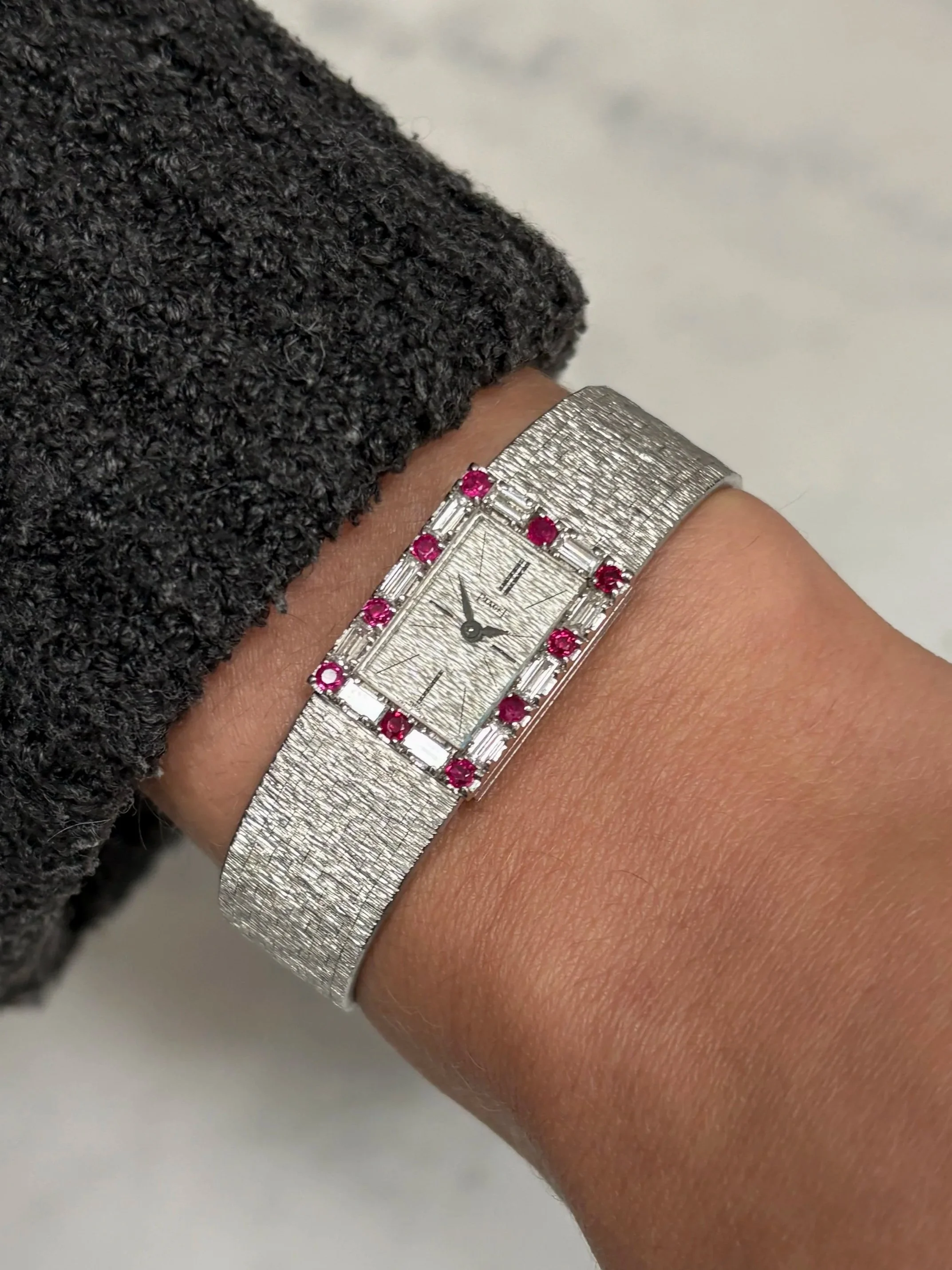 Piaget Mini Tank White Gold Bark Finish Emerald Cut Diamond & Ruby Bezel ref. 3869