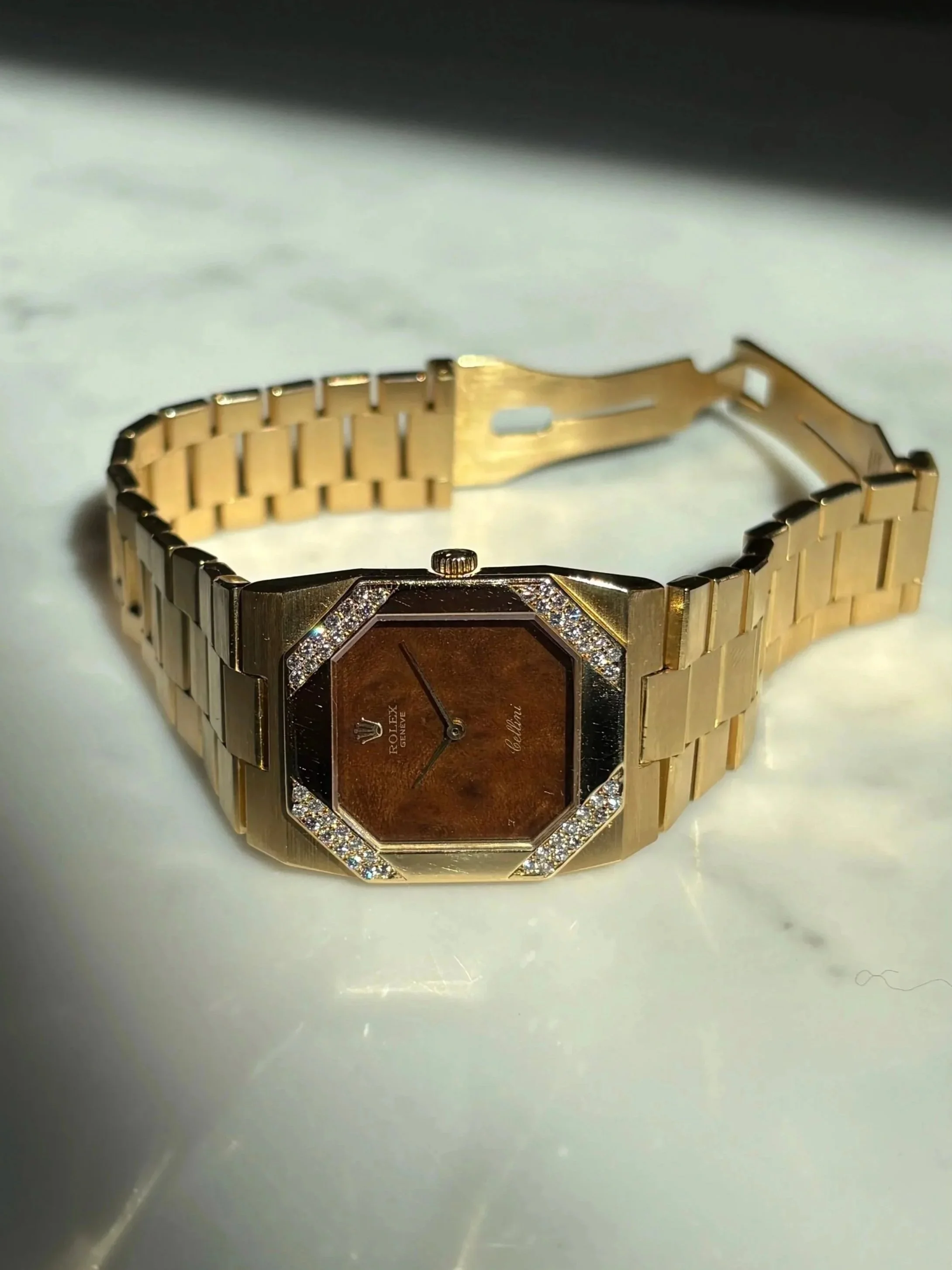 Rolex Cellini Octagon Yellow Gold Mahogony Wood Dial & Diamond Bezel ref. 4055 w/ Original Box