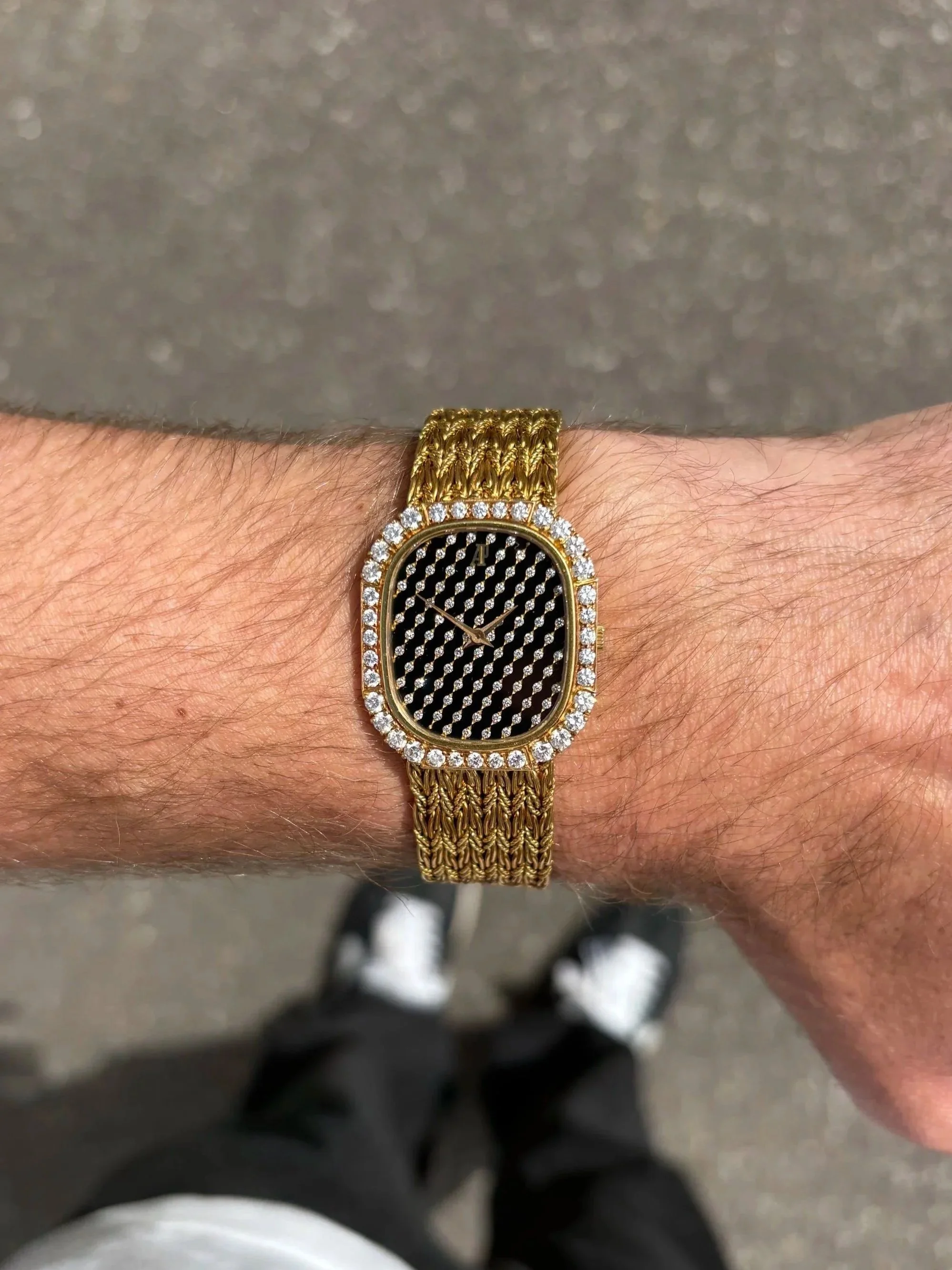 Audemars Piguet Ellipse Yellow Gold Weaved Bracelet, 'Black Raindrop' Diamond Dial, 1.8ct Diamond Bezel