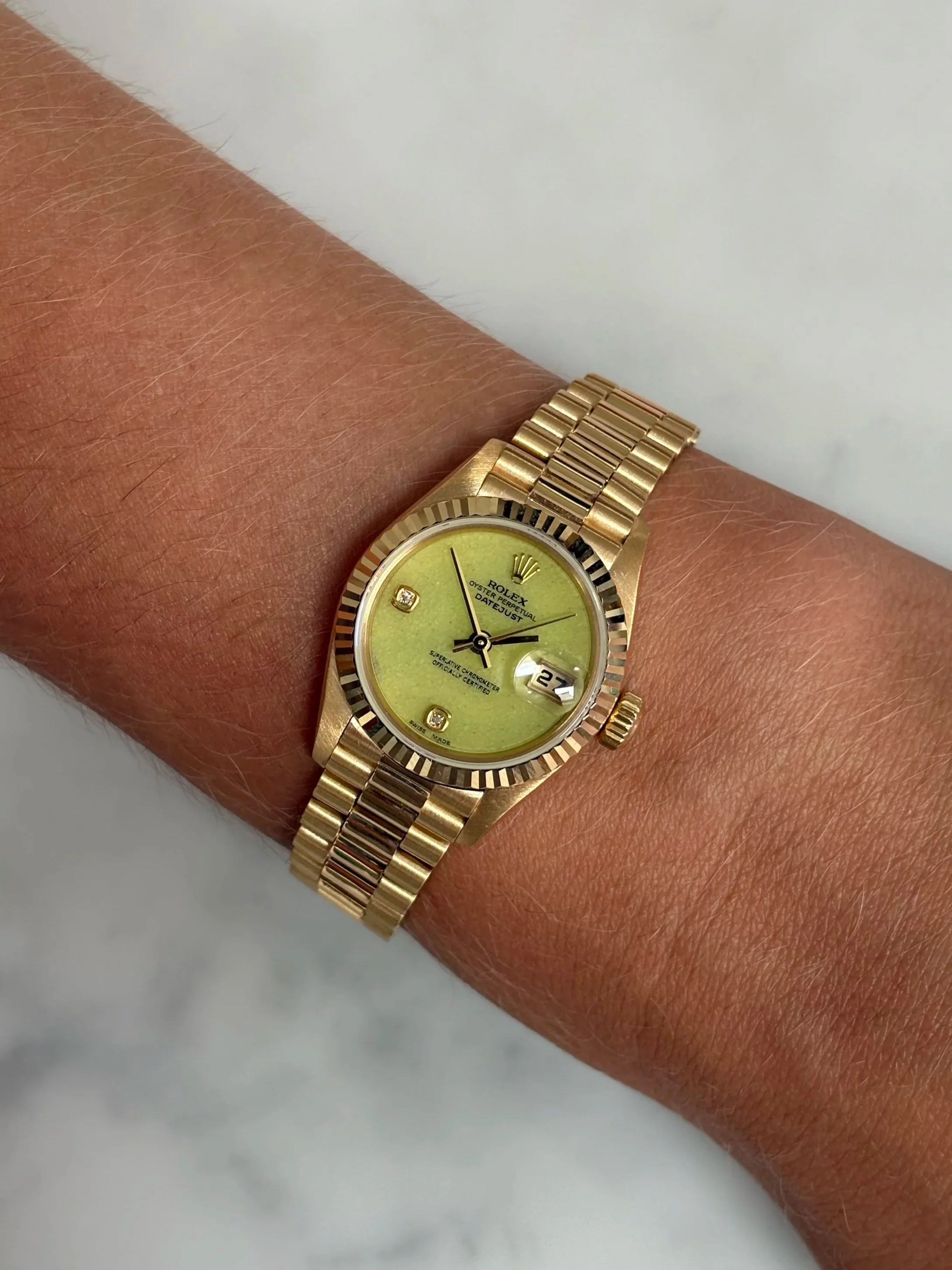 Rolex Datejust 26mm Yellow Gold 'Pistachio' Green Jadeite Stone Dial & 6,9 Diamond Index ref. 79178 w/ Original, Box, Paper & Booklets