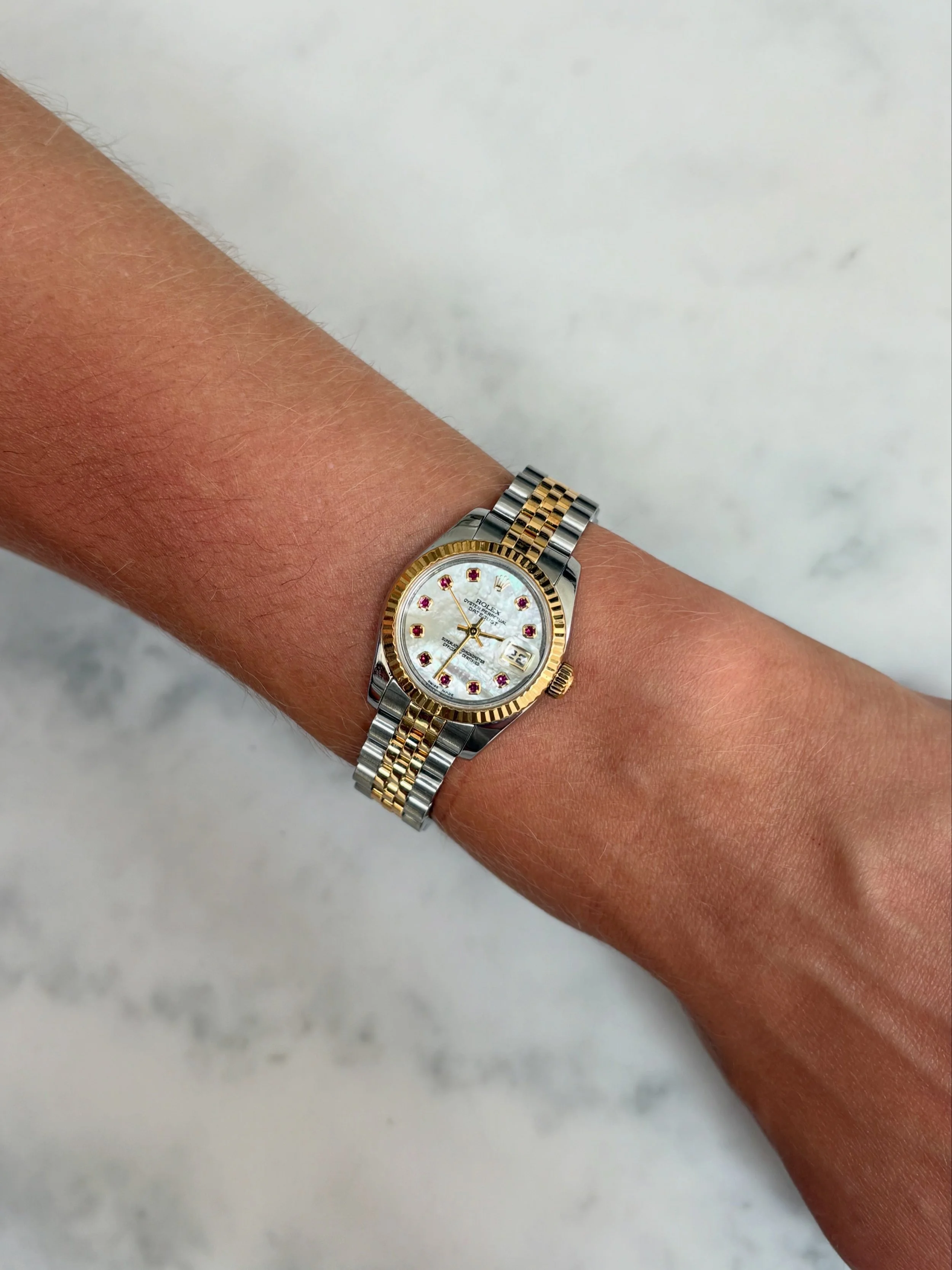 Rolex Datejust 26mm Steel & Gold Mother Of Pearl & Ruby Index Dial ref. 179173 w/ Rolex Box