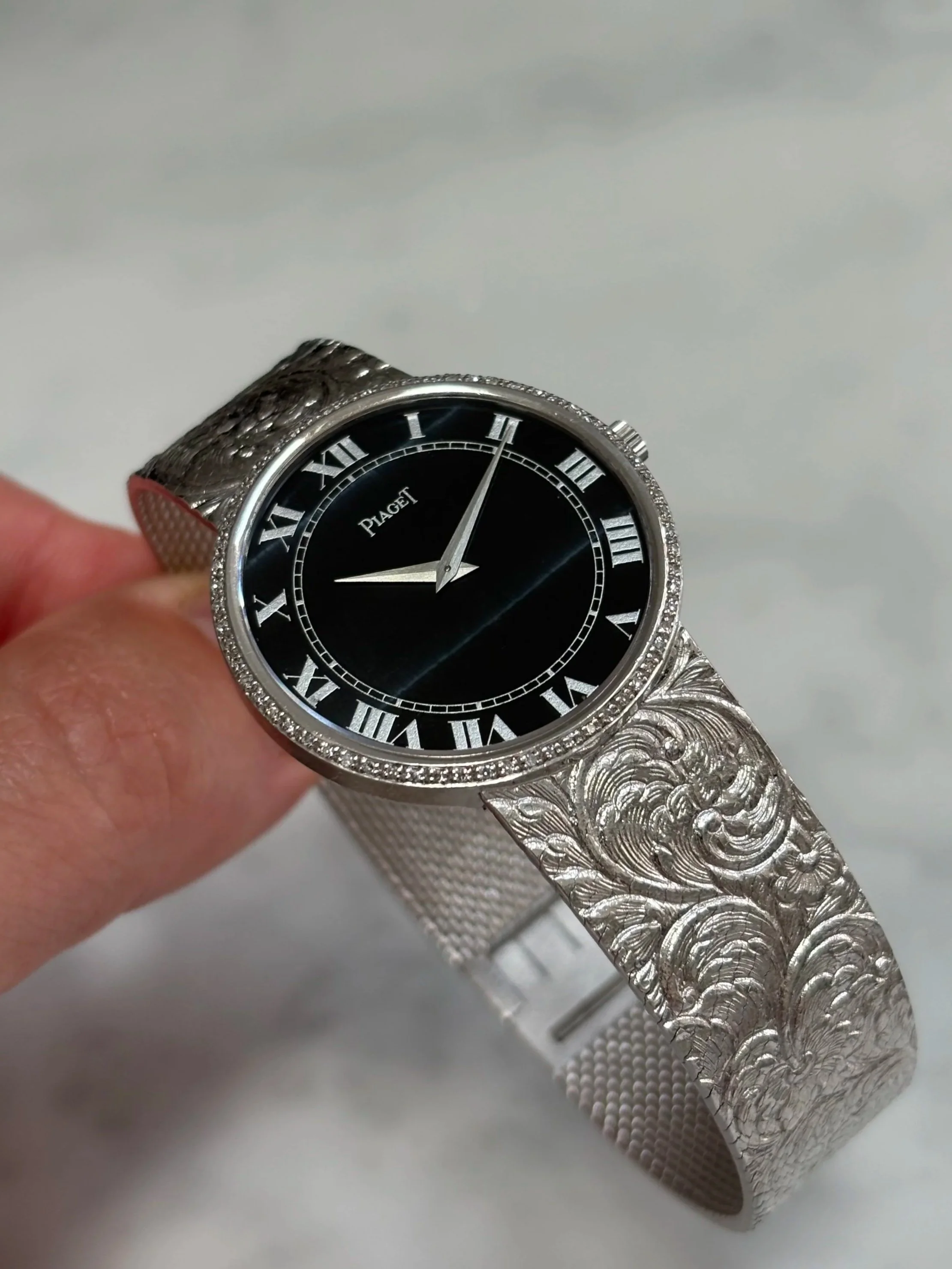 Piaget Calatrava White Gold Filigree Engraved Bracelet & Hawkeye Stone Dial ref. 9635 B57