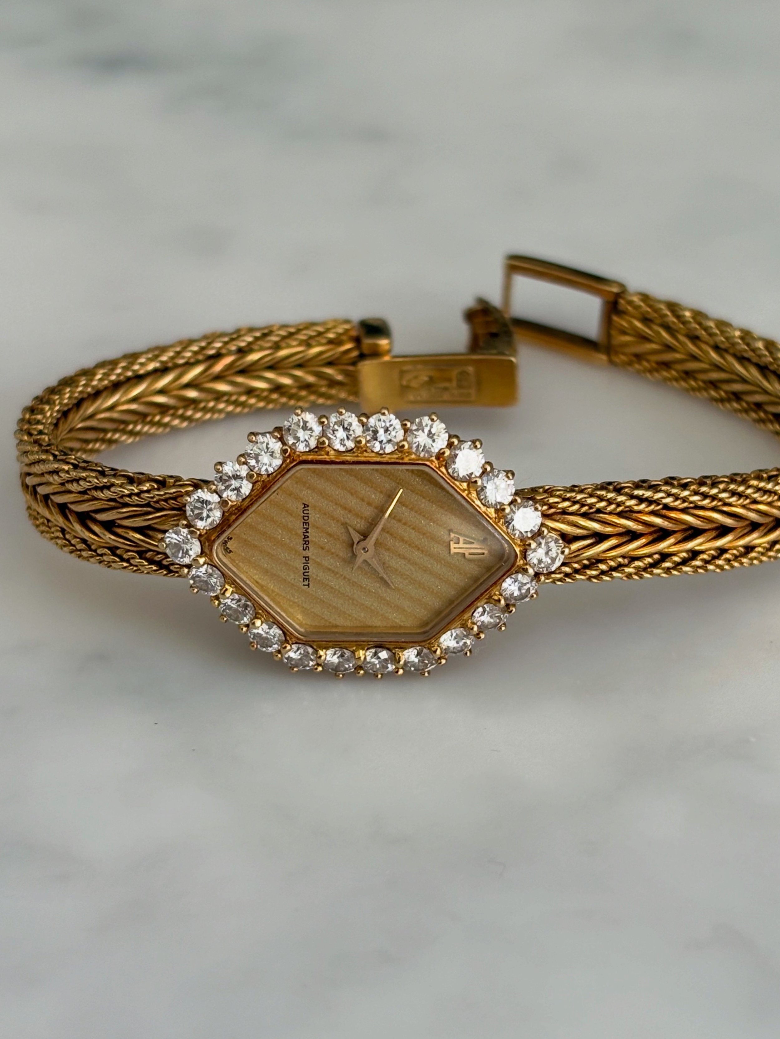 Audemars Piguet Cocktail Watch Yellow Gold Hexagon Case 1.1ct Diamond Set Bezel & Textured Snowflake Dial