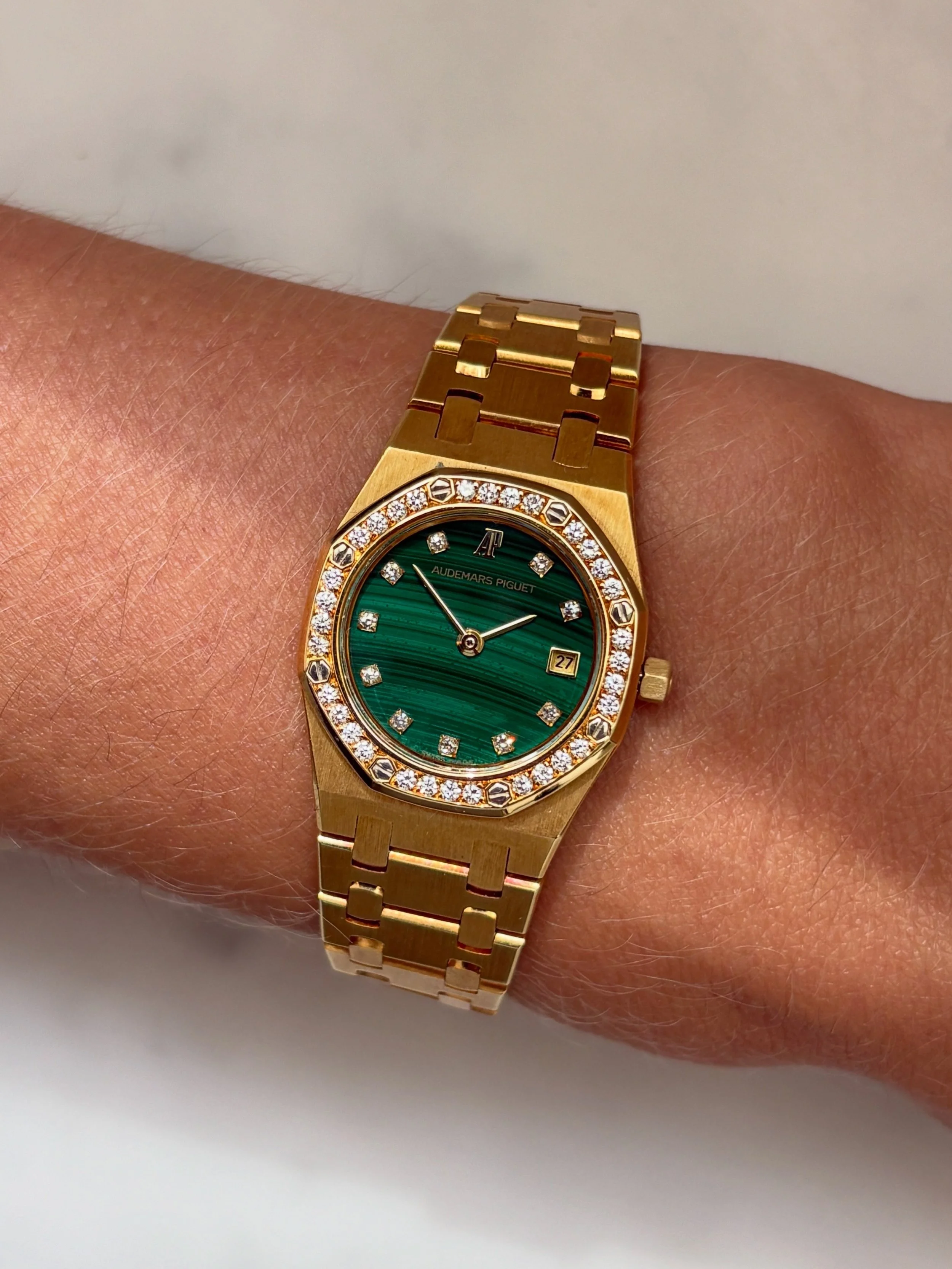 Audemars Piguet Mini Royal Oak Yellow Gold Malachite Stone Dial, Diamond Indexes & Bezel ref. 66344 BA w/ Orginal Papers